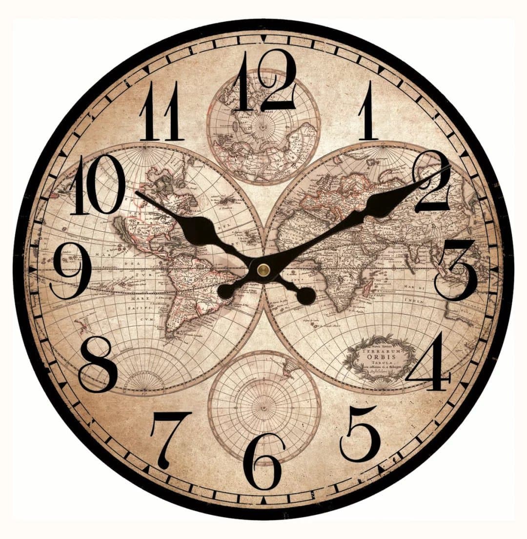 World Decorative Large Size Wooden Wall Clock Old Aged Map Home Wall Decor Arabic Numerals Design for Travel Enthusiasm 14"
