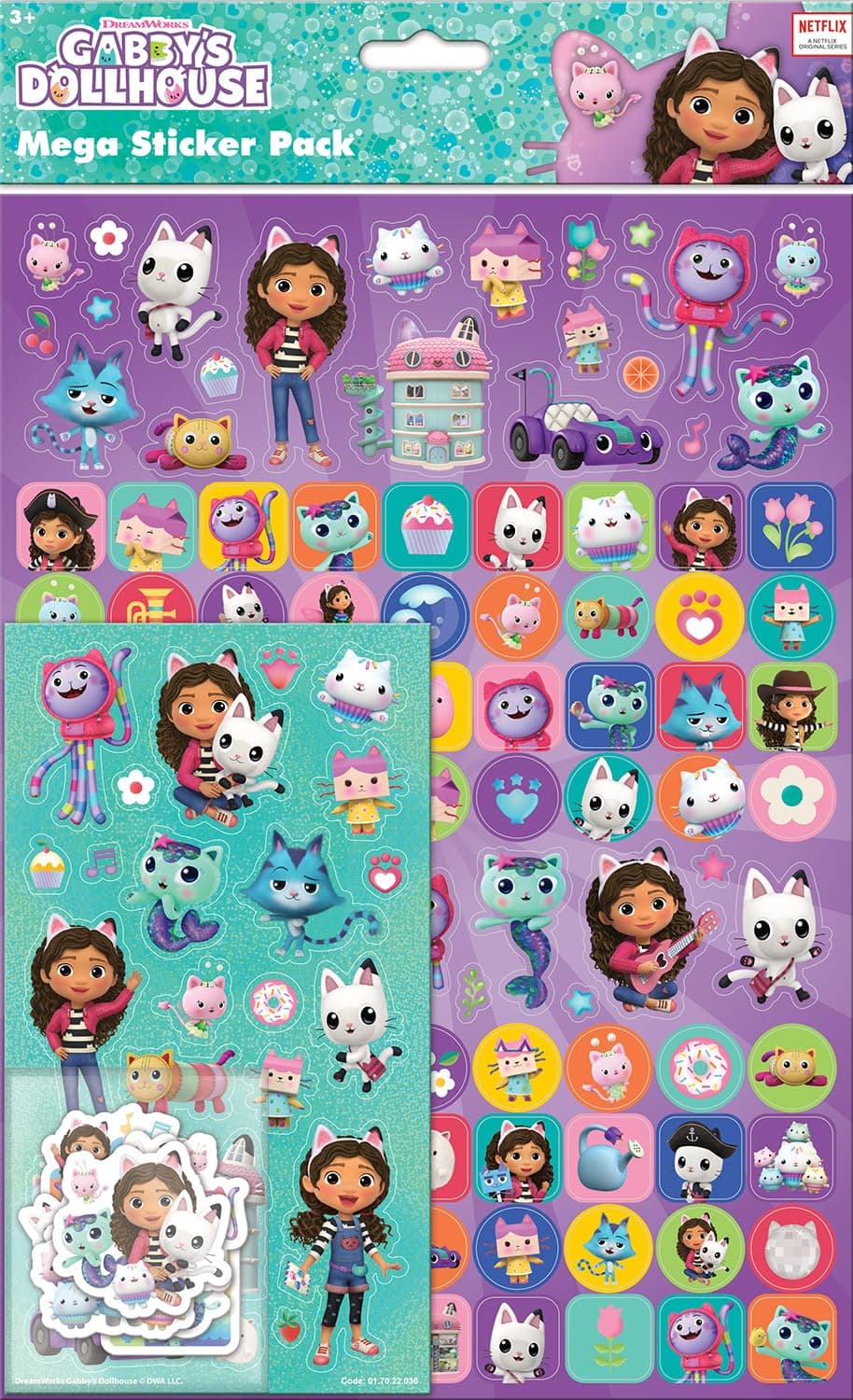 01.70.22.036 Gabby's Dollhouse Mega Pack | Three Types of Stickers (Around 150 Total) | Reusable on Non-Porous Surfaces, 35cm x 23cm