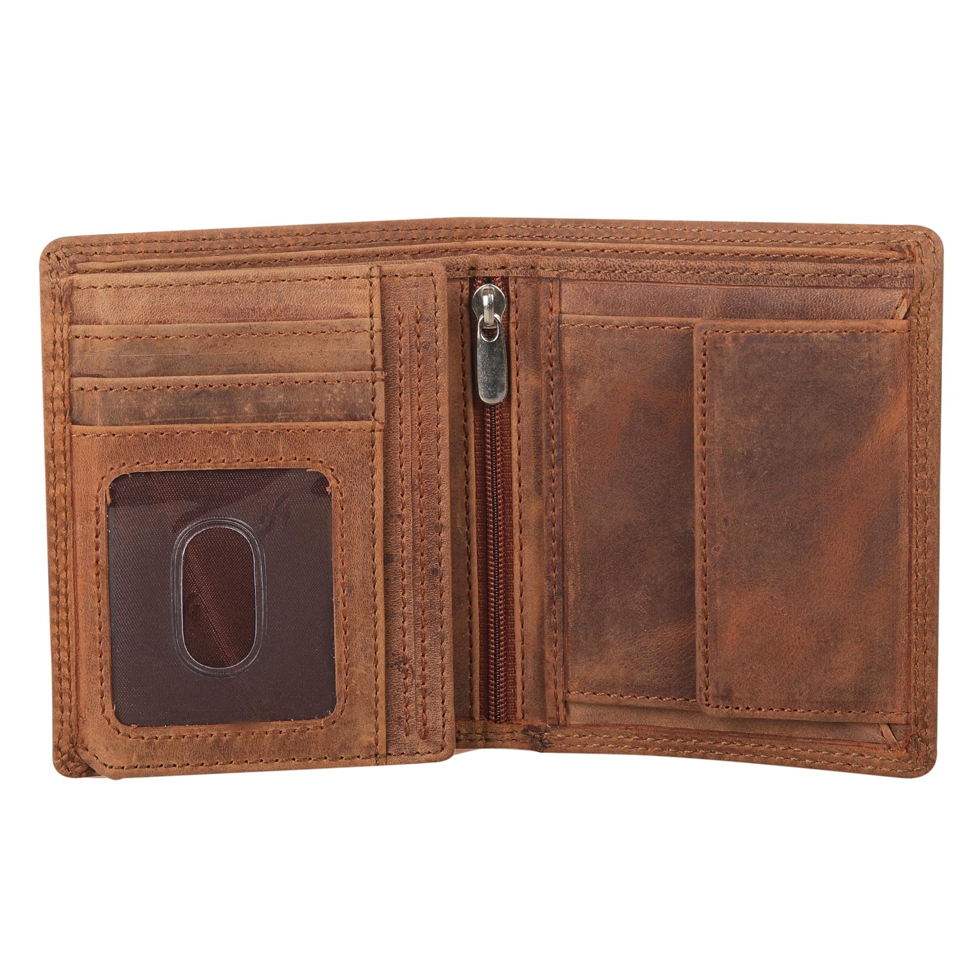 Wallets Mens RFID Blocking Real Distrssed Hunter Leather Gents Wallet with 2 ID Windows, Zip and Coin Pocket Trifold Vertical Wallet Gift Boxed 1070 (Brown)