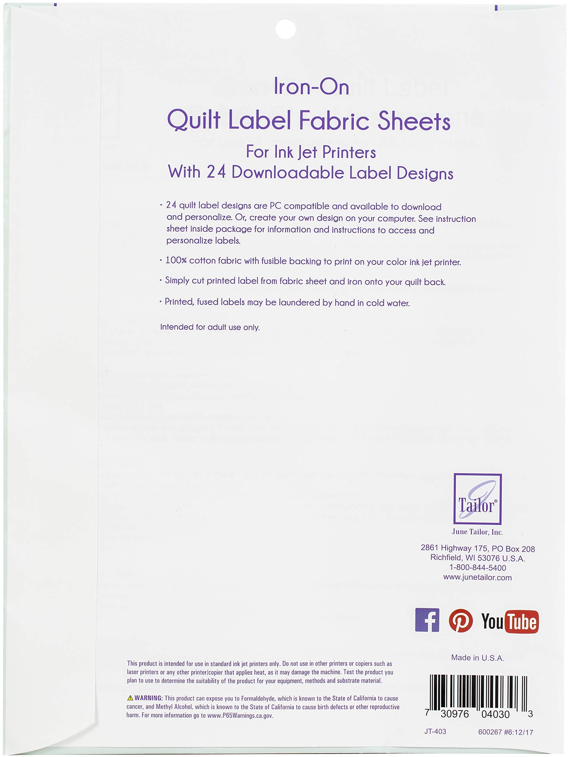 June Tailor Iron On Quilt Label Fabric Sheets 2pc