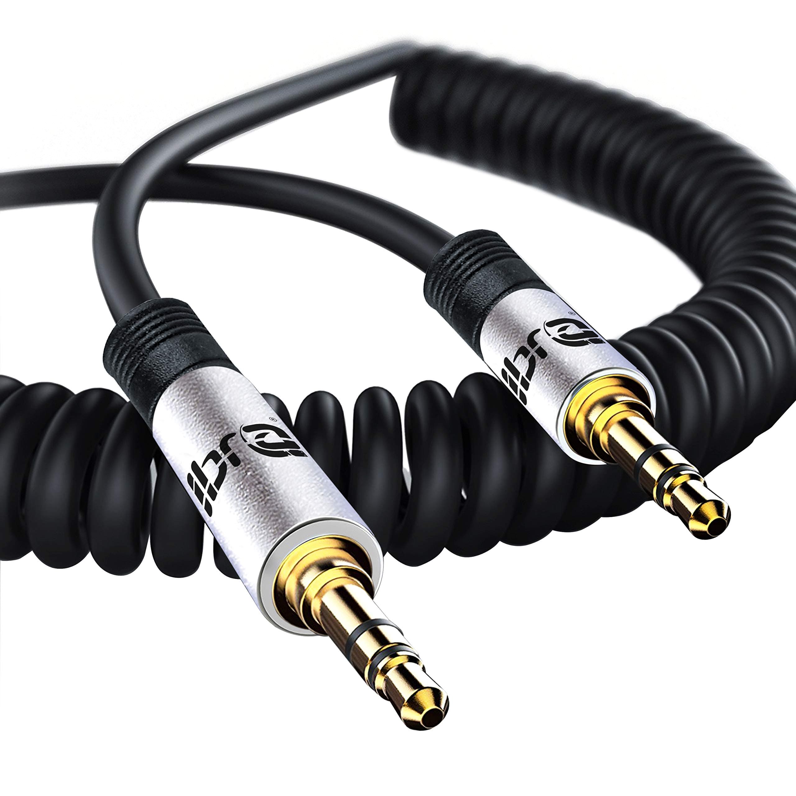 IBRA1 m - Stereo Audio Jack Cable | AUX Coiled Cable | 3.5 mm Male to 3.5 mm Male | Gold-Plated Contacts | Silver
