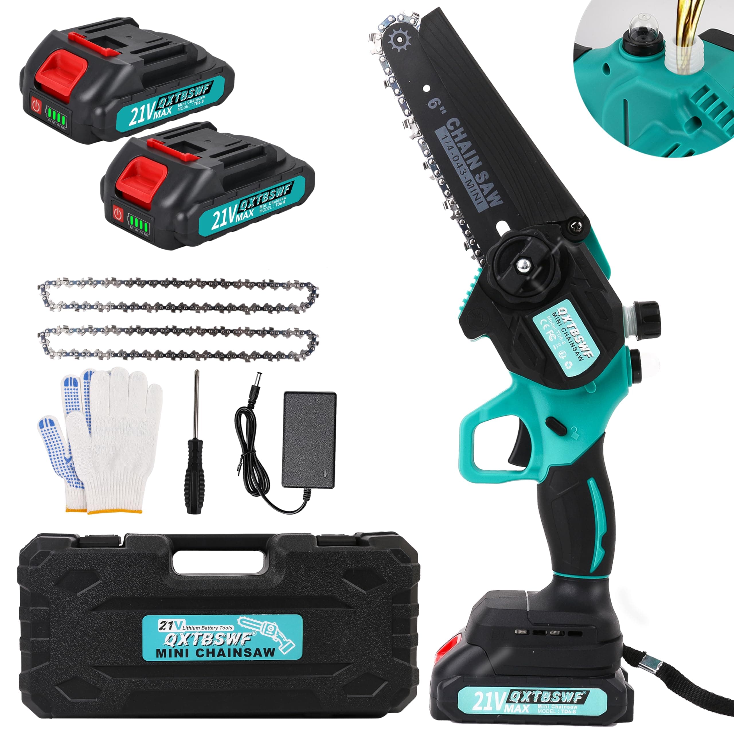 Mini Chainsaw, Mini Chainsaw Cordless, Cordless Power Chain Saws with Security Lock, Small Chainsaw Battery Powered with Automatic Oiler, Electric Hand Saw Pruning Tools (6 INCH - BLUE)