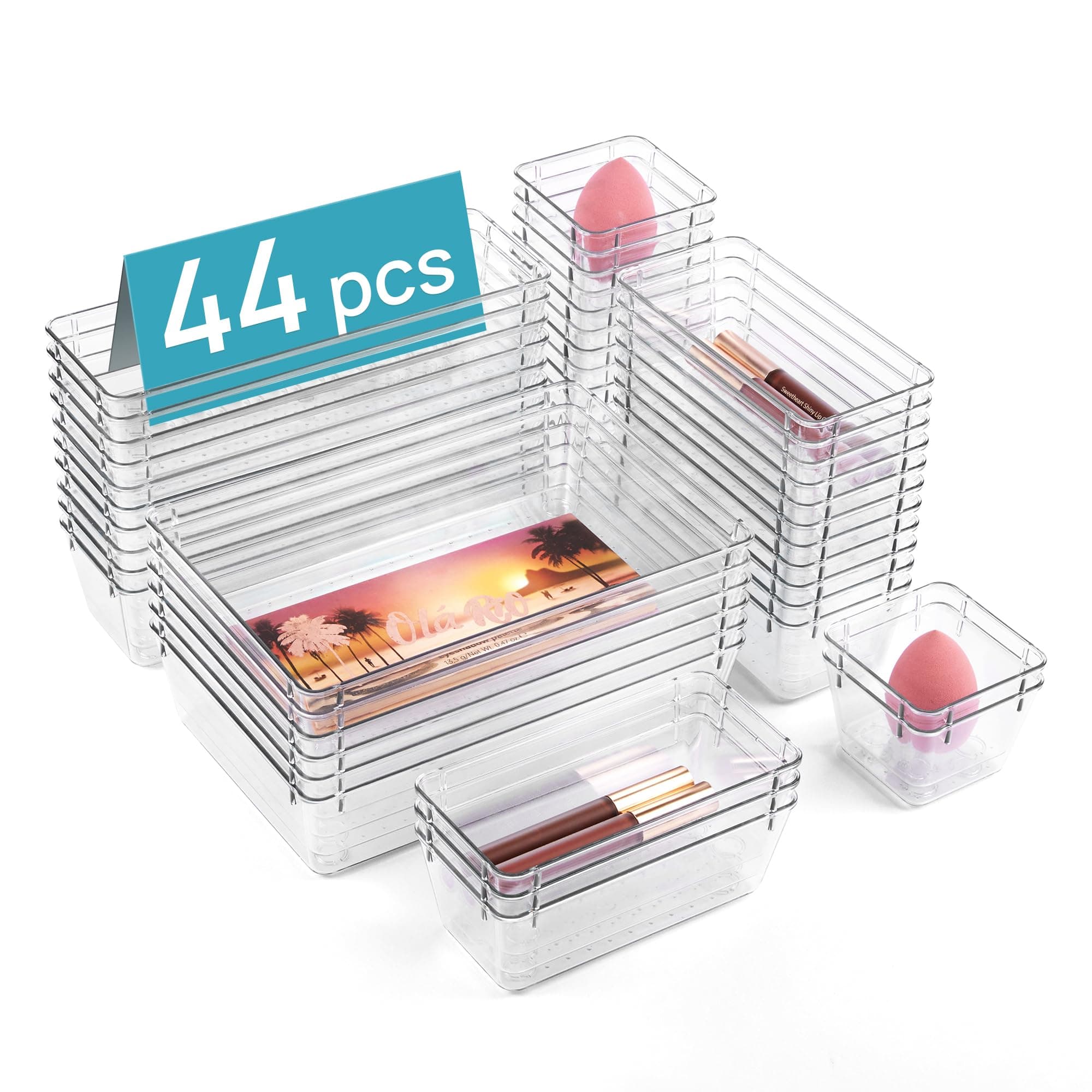 44 PCS Clear Plastic Drawer Organizers Set, 4-Size Versatile Bathroom and Vanity Organizer Trays, Non-Slip Storage Containers for Makeup, Jewelries, Bedroom,Kitchen Utensils and Office