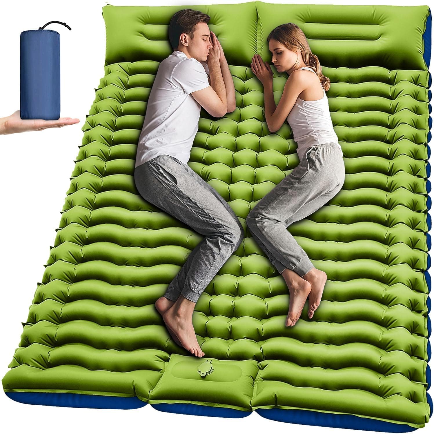 AquaFalcon Double Sleeping Pad - Self Inflating 4" Extra-Thick for 2 Person with Pillow Built-in Foot Pump Inflatable Sleeping Mat for Backpacking, Hiking, Traveling, Tent, Portable Camping Mat