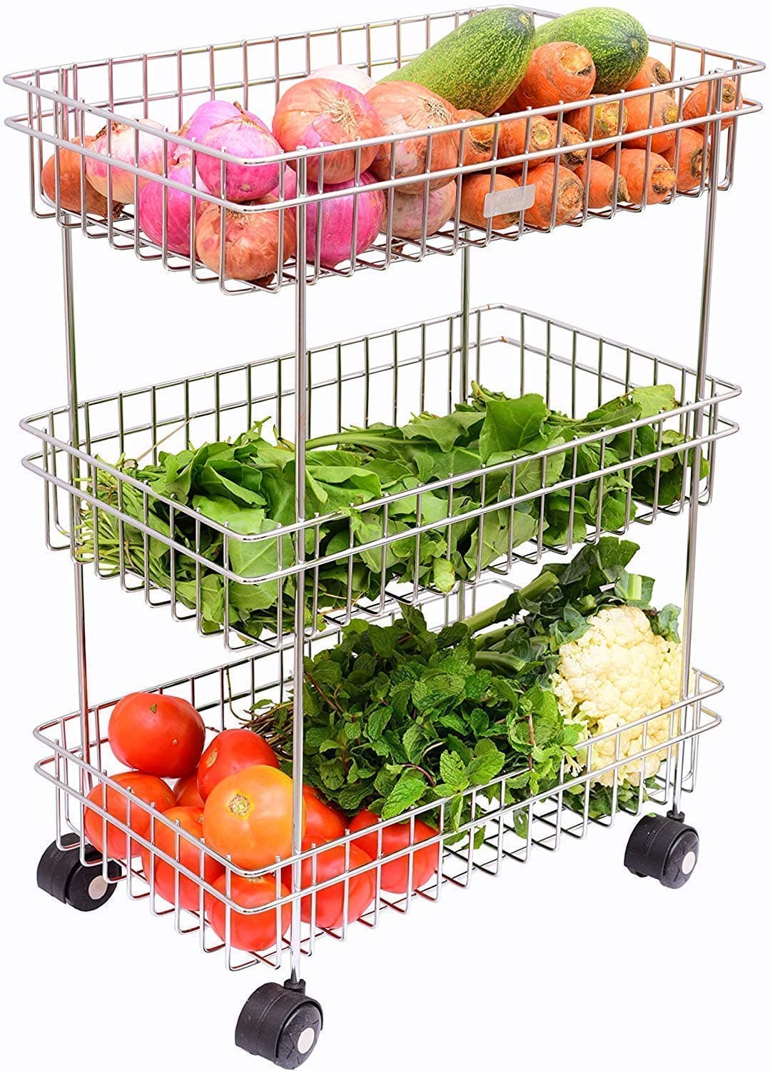 Stainless Steel Fruit and Vegetable Storage Stand Rack Multipurpose Baskets Kitchen Trolley Modern Kitchen Storage Rack (3 Layer Trolly)