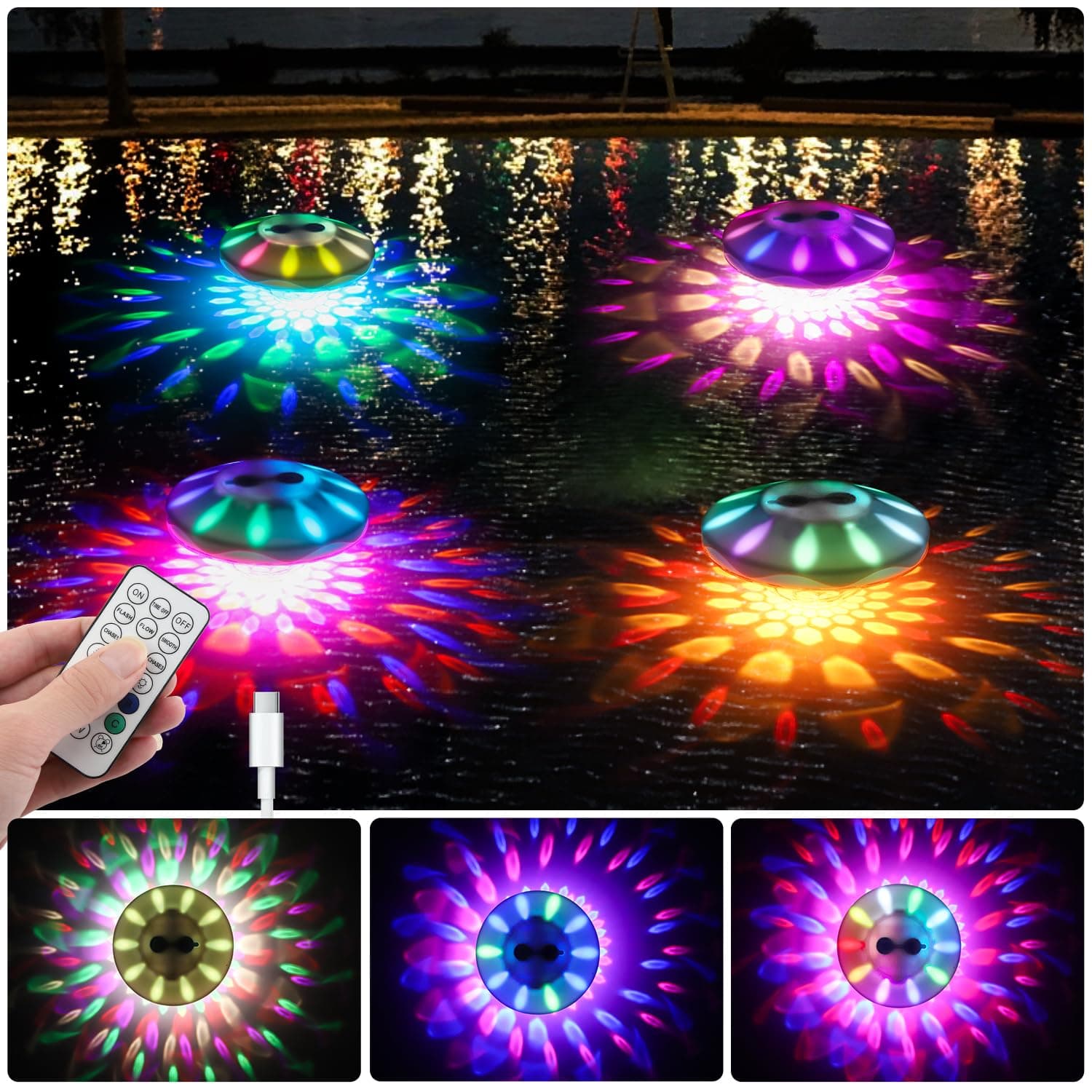QOLNBY Floating Pool Lights(4 Pack), Pool Light with 6 Dynamic Lighting Effects, IP68 Waterproof Pool Lights that Float, Rechargeable RGB Upper and Lower Color Changing Lights for Hot Tub, Patio