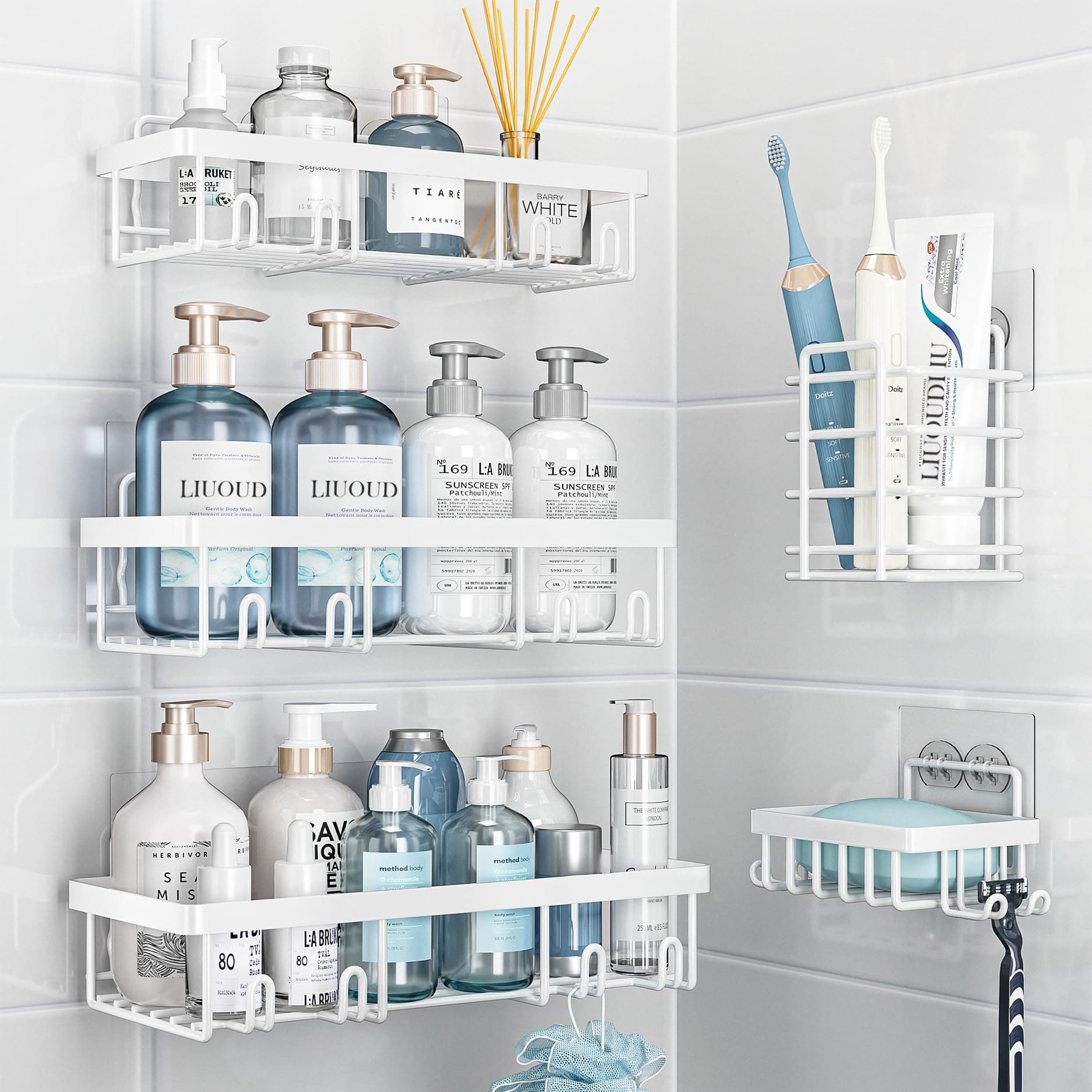 5 Pack Shower Caddy Organizer Rack Shelf for Inside Shower, Self Adhesive Wall Storage Basket Rustproof Stainless Steel Shampoo Holder Bathroom Accessory Decor Set, White