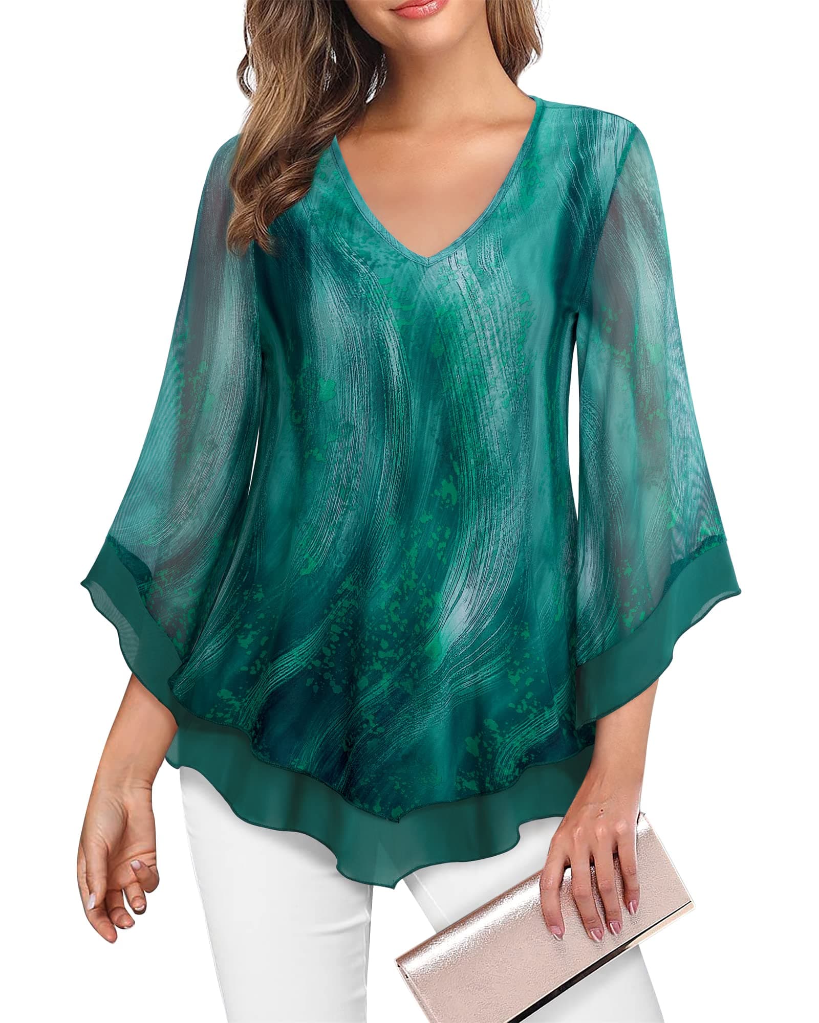 Lotusmile Womens Dressy Blouse Double Layers Mesh Shirt Ruffle 3/4 Flared Sleeve Tunic Tops