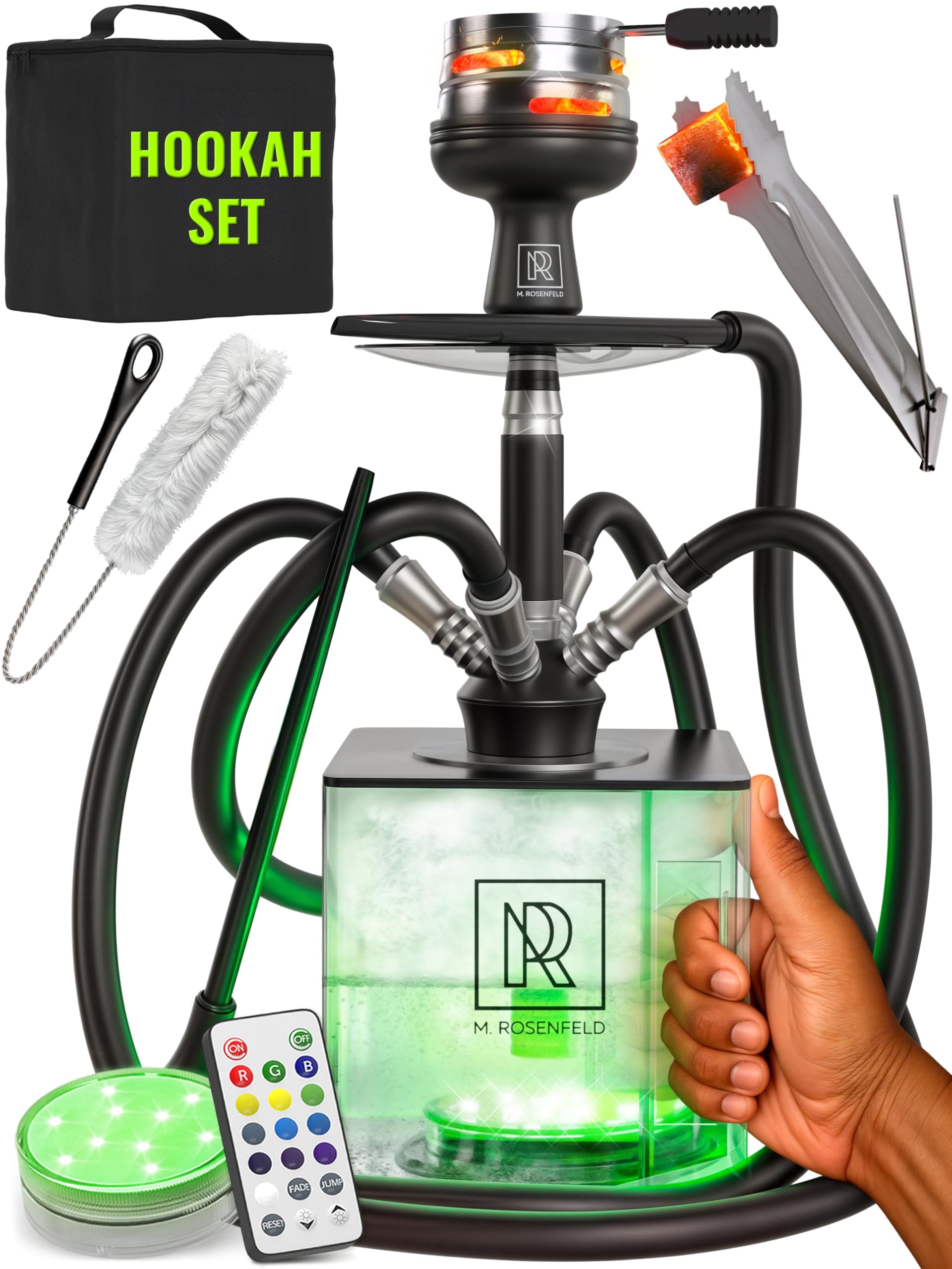 4 Hose Hookah Set with Everything and Handle – Black Hookah 4 Hose Complete Kit with LED Light, Remote, Silicone Hoses, Acrylic Base with Handle, and Tongs – Big Hookah Set with Accessories