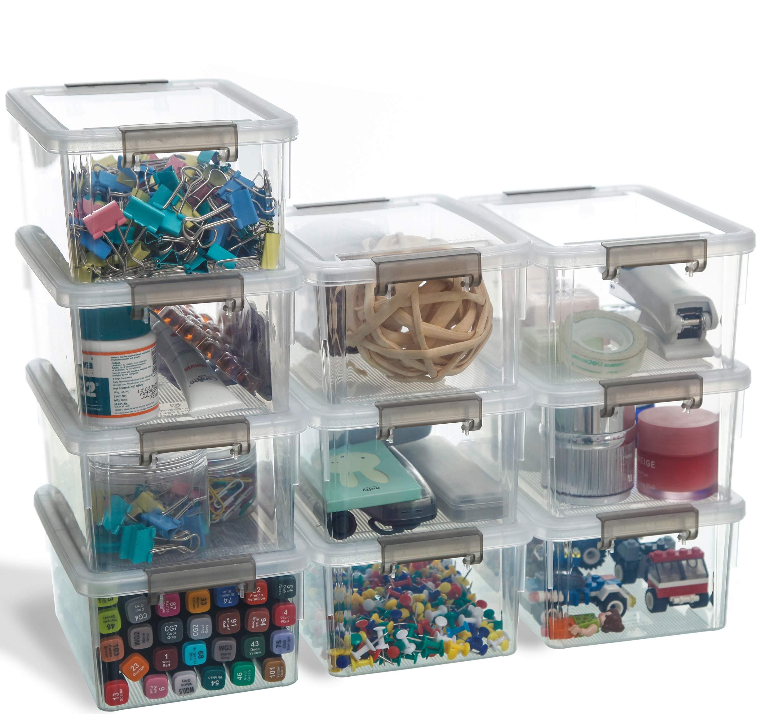 Citylife 10 Pack Small Storage Boxes with Lids Plastic Storage Boxes Stackable Storage Box with Handles，Clear 17.7x13x8.2cm