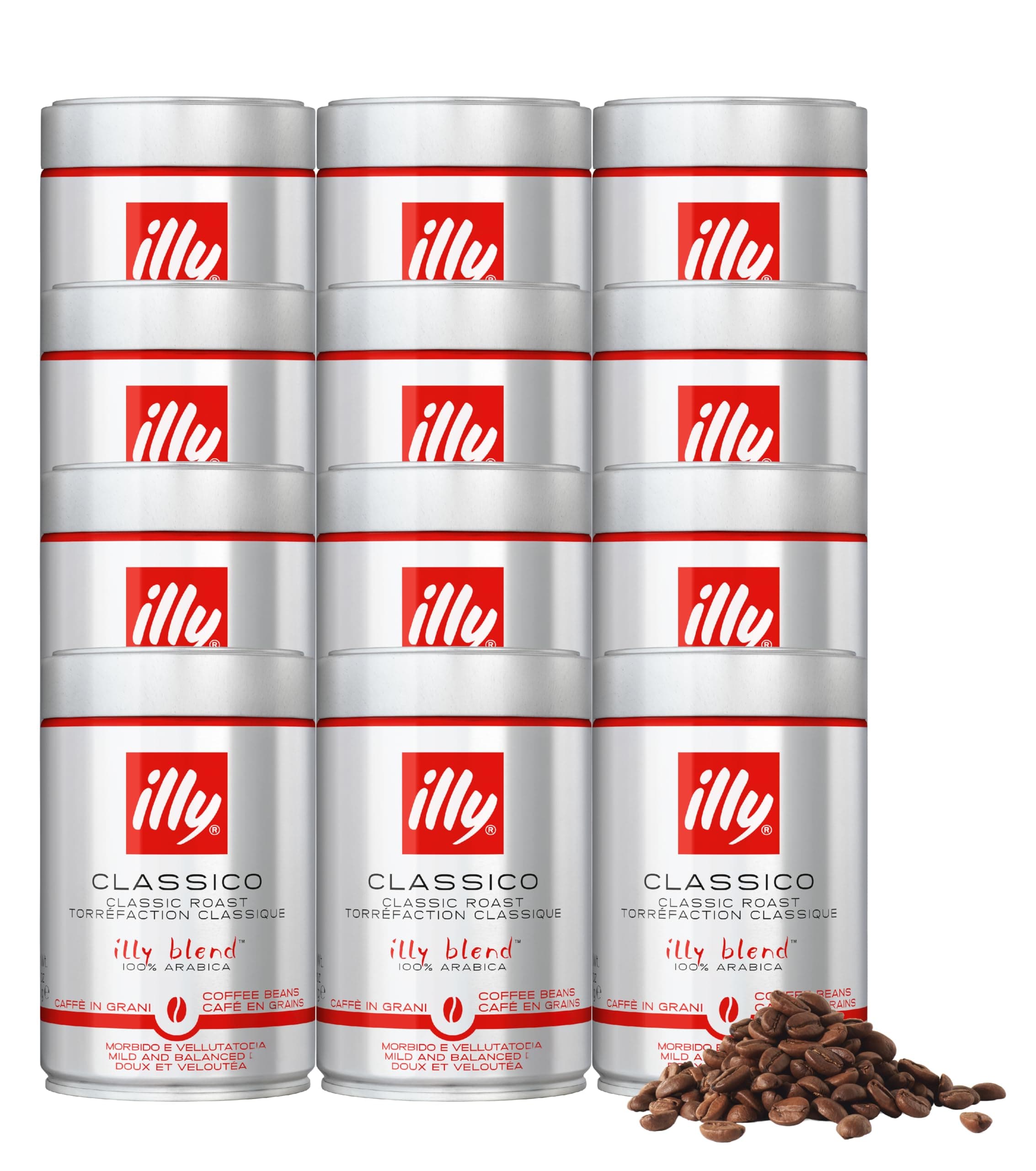 Illy Whole Bean Coffee, Classico Medium Roast - Mild & Balanced - 100% Arabica - Whole Beans - Pressurized Packaging Sealed for Freshness - 8.8oz can (Pack of 12)