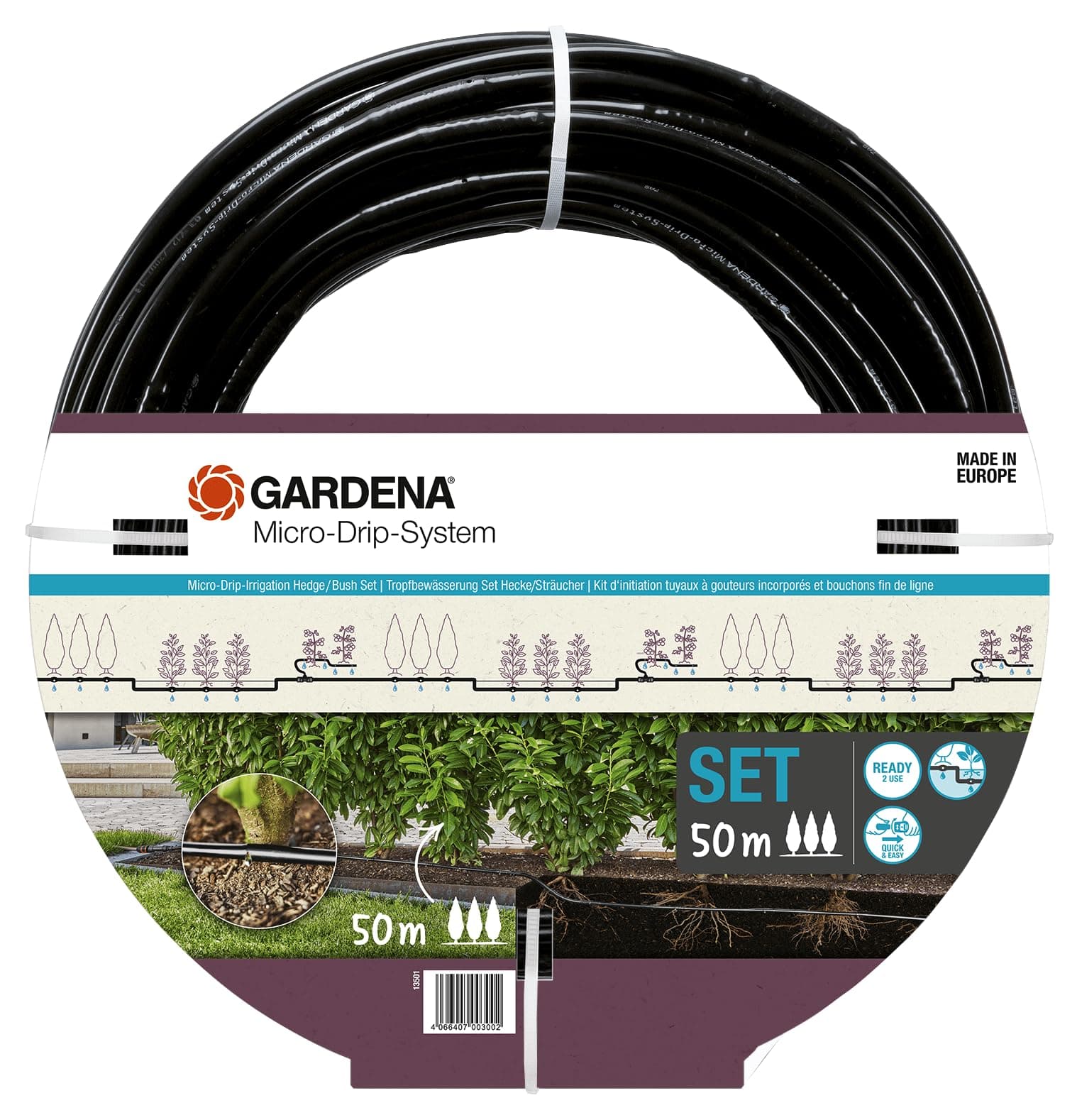 Gardena Micro-Drip-System Drip Irrigation Set Hedges/Bushes (50 m): Starter set, ready to use, water-saving irrigation system, simple & flexible connection technology (13501-20)