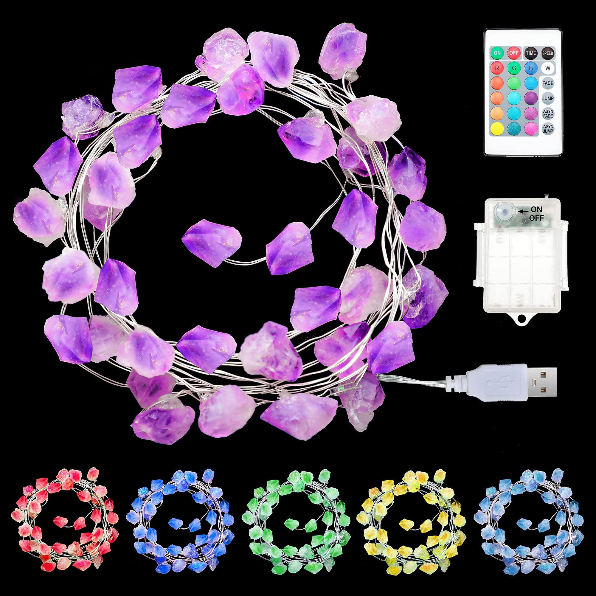 Hiboom 16 Colors Dimmable Amethyst String Light, 9.8FT 30 Crystal Natural Fluorite String Lights, Timer & 4 Modes, USB/Battery Powered Light for Salt Lamp Room Christmas Wedding Valentines Day