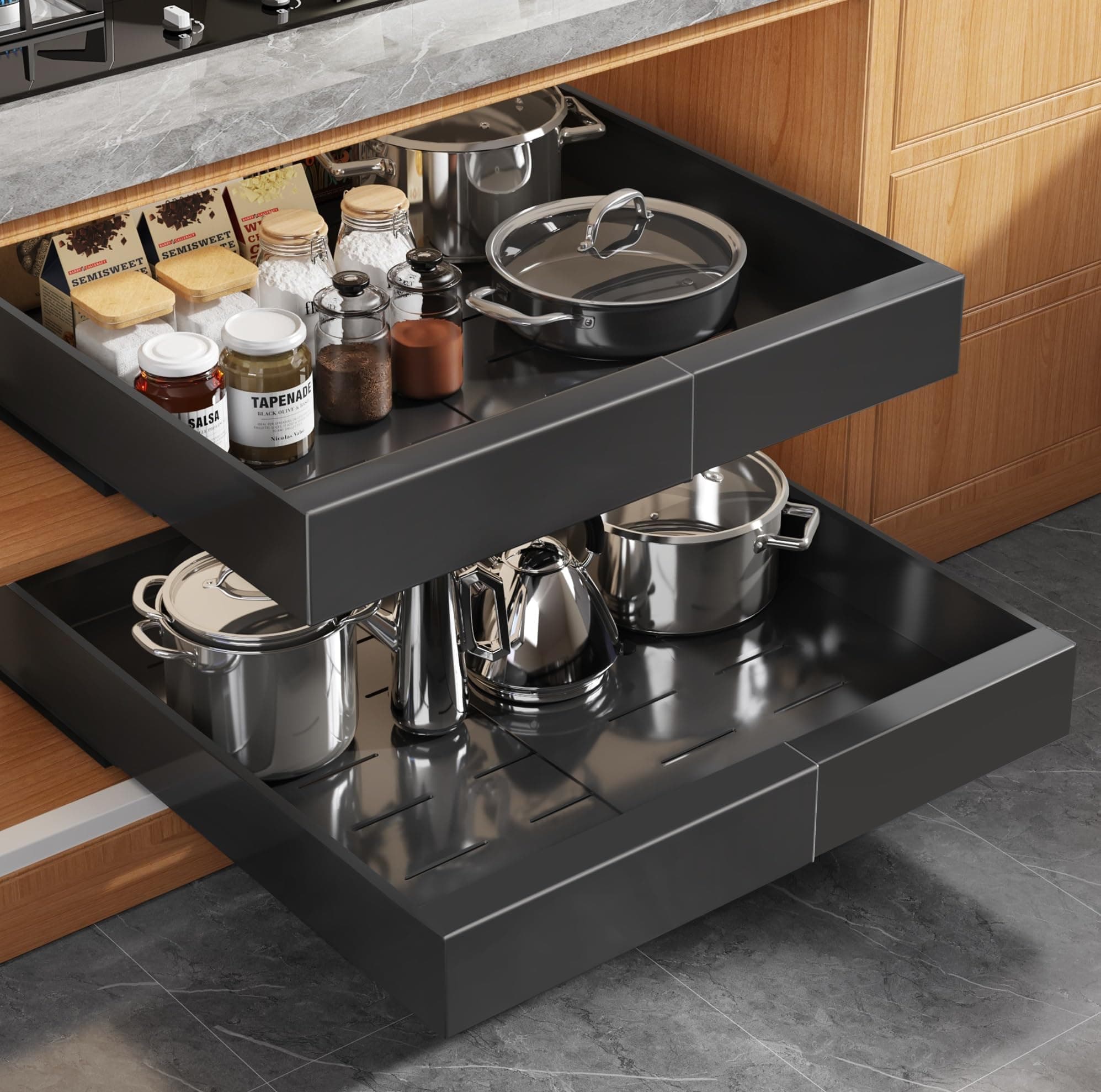 2 Pack Expandable Pull Out Cabinet Organizer 16.5"Deep With Raising Pad for Framed Cabinets,Upgrade 3 Slide Rails Slide Out Drawers,No Drill Roll Out Shelves,Adjustable Width 12.2"-20.4"Black