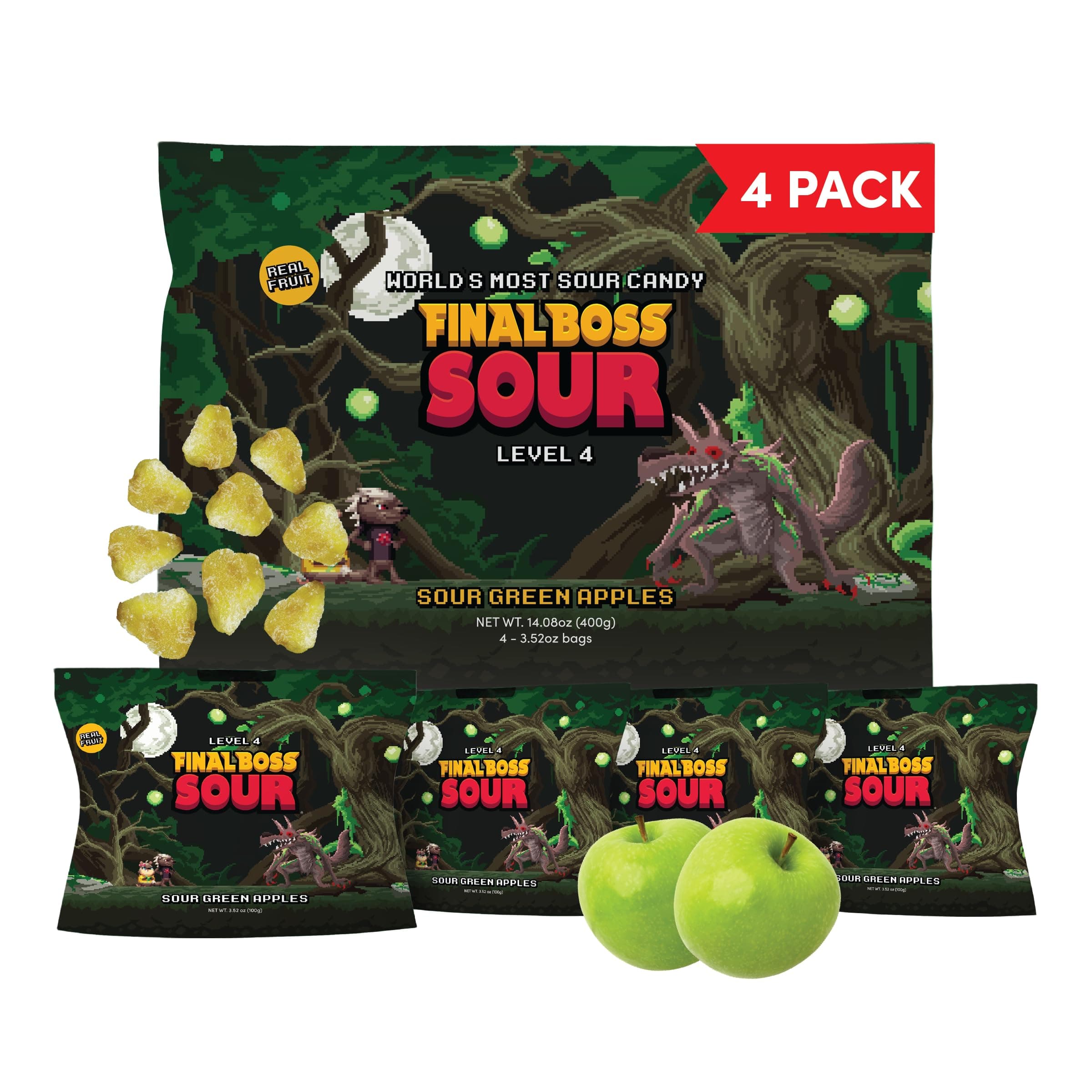 Final Boss Sour Candy, Green Apple, 4 Pack, Level 4, Extreme Sour Fruit Chews with Real Dried Fruit, No Artificial Colors or Flavors, Low Calorie Snack for Kids, Teens, Adults, Lunch Boxes