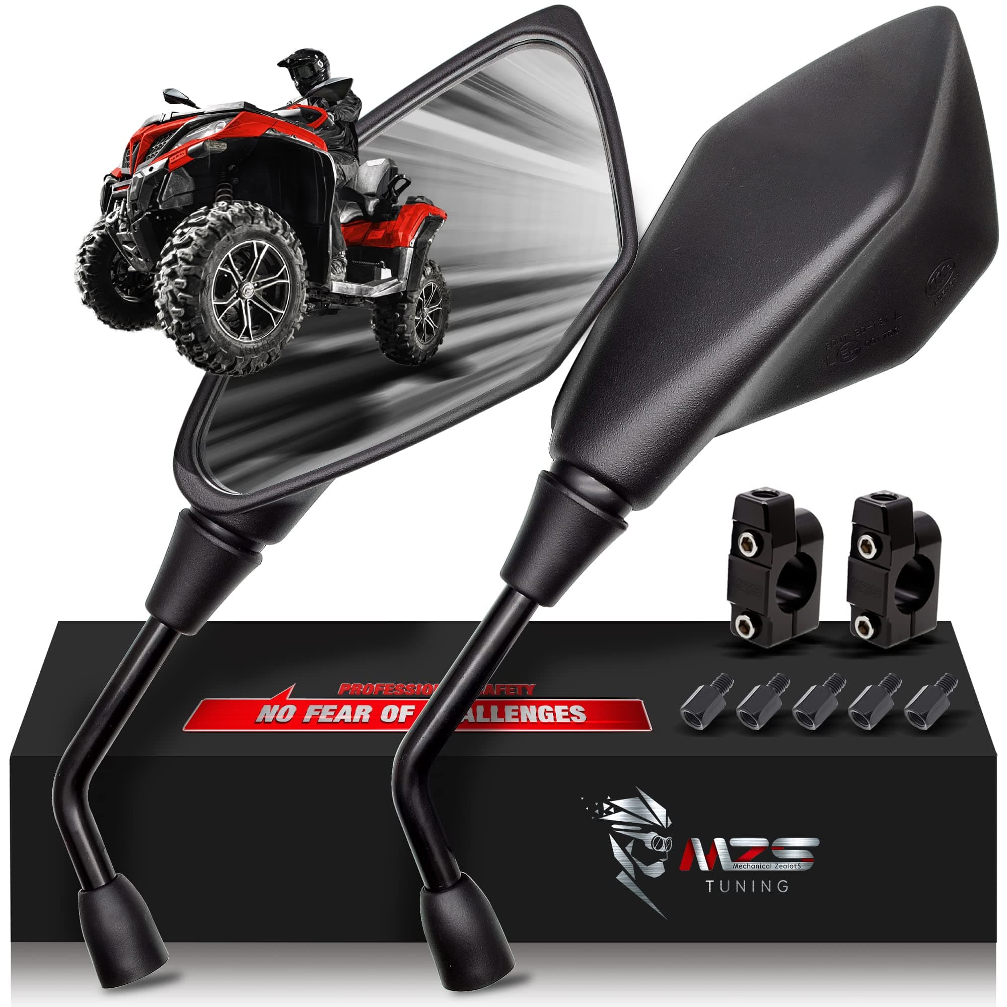 MZS Motorcycle Mirrors 10mm 8mm, Universal ATV Rearview Mirror with CNC Handlebar Mount Rear View Side Mirror Black Compatible Motorbike Dirt Street Bike Adventure Quad Snowmobile Scooter Moped