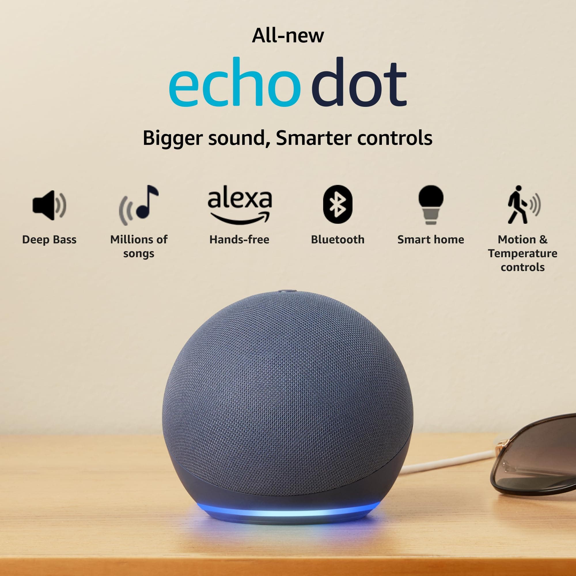 Echo Dot (5th Gen) | Smart speaker with vibrant sound, Motion Detection, Temperature Sensor, Alexa and Bluetooth| Blue