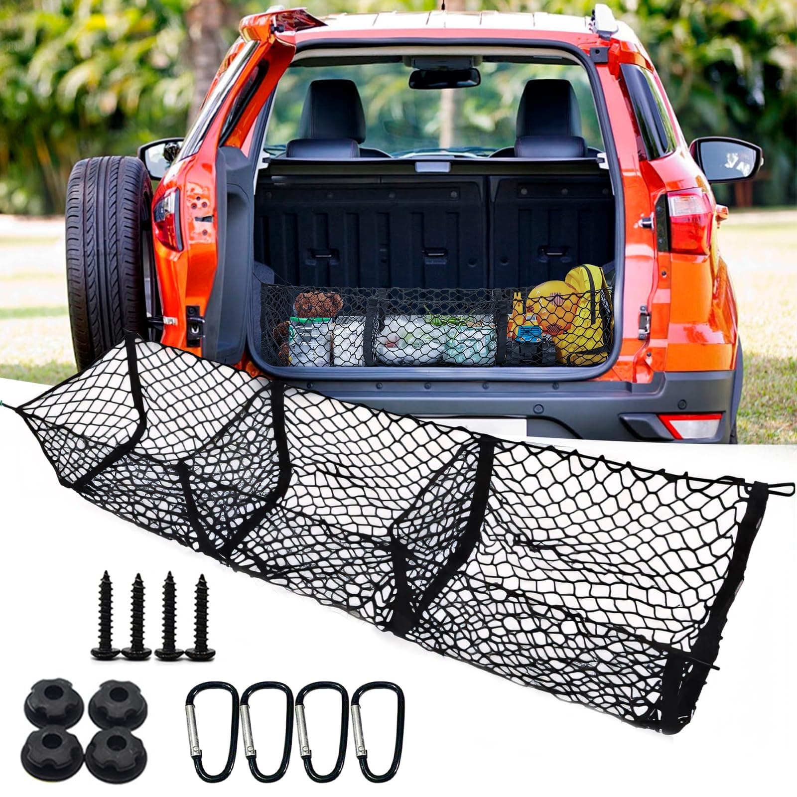 Cargo Net for SUV,Universal Elastic Mesh Net Trunk Bag Interior Accessories Storage 3 Pocket Cargo Net with 4 Metal Hooks(47.2×11.8 inch/120cmx30cm)