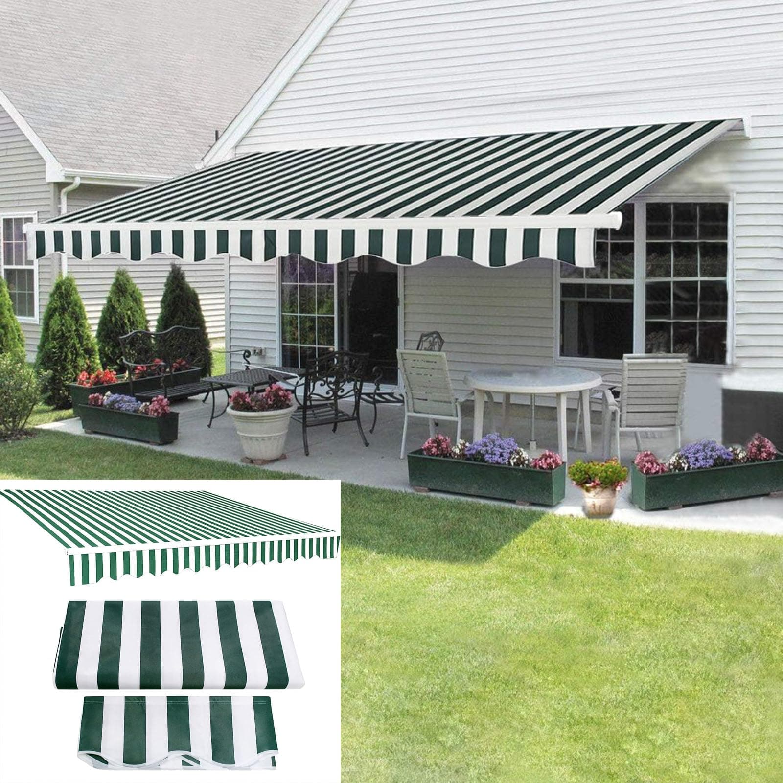 Retractable Awning Top Sunshade Canvas Replacement Uv Resistant Polyester Fabric Window Door Awning Patio Canopy Cover Outdoor Sun Shade Shelter For Yard, Deck, B(Size:22.9x9.8ft,Color:Green stripes)