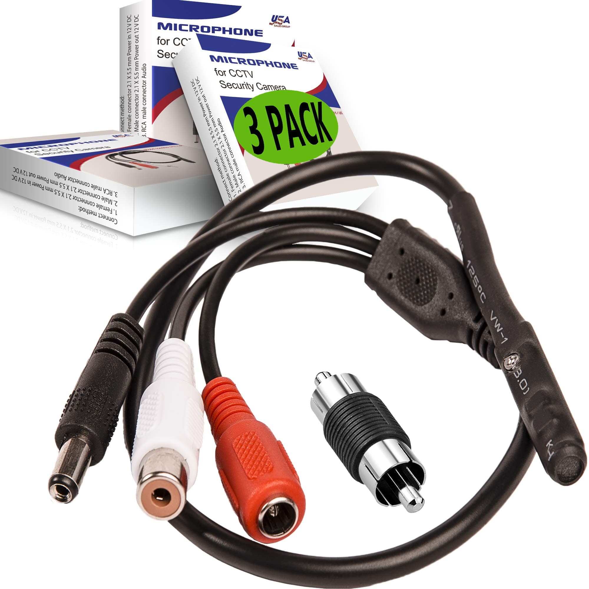 CCTV Microphone with Preamp, RCA Audio Out, 12V DC — Adjustable Gain — for DVR/NVR & IP Cameras (3Pack)