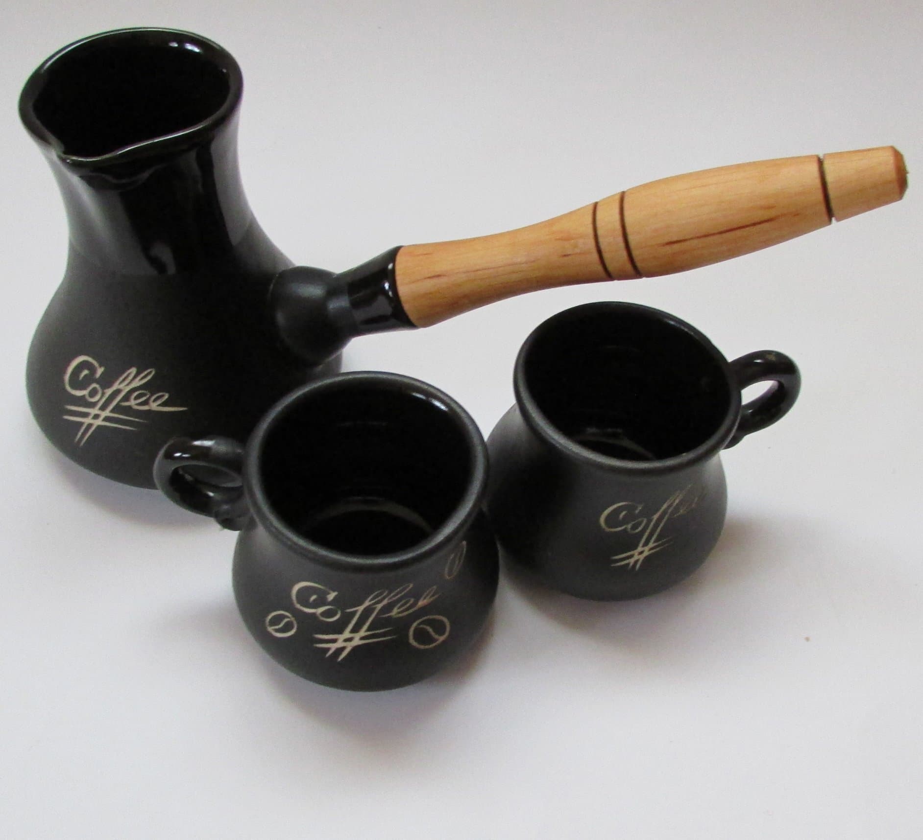 Unique Black Ceramic Coffee Maker With a Wooden Handle. Ceramic Turka For Coffee. Clay for Boiling Coffee the Good Old Fashion Way, Hand made. Turk Coffee Pot. Coffee Jug And Two Cups in Gift