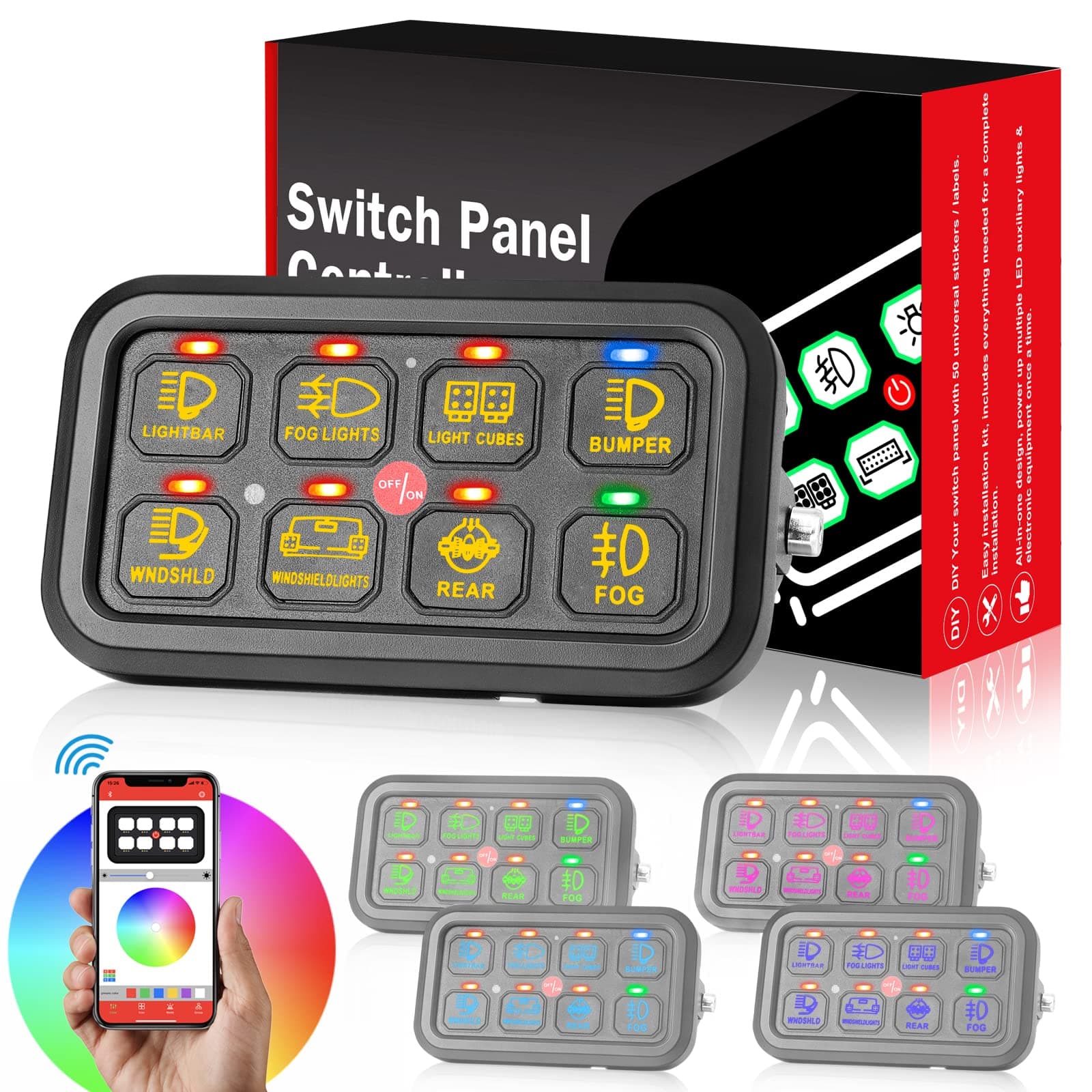 RGB 8 Gang Switch Panel Bluetooth 8 Switch Pods Relay System Box Multifunction 3 Modes Toggle Momentary Pulsed Dimmable Touch Switches for Trucks RV Boat Off Road ATV UTV SUV RZR Boat