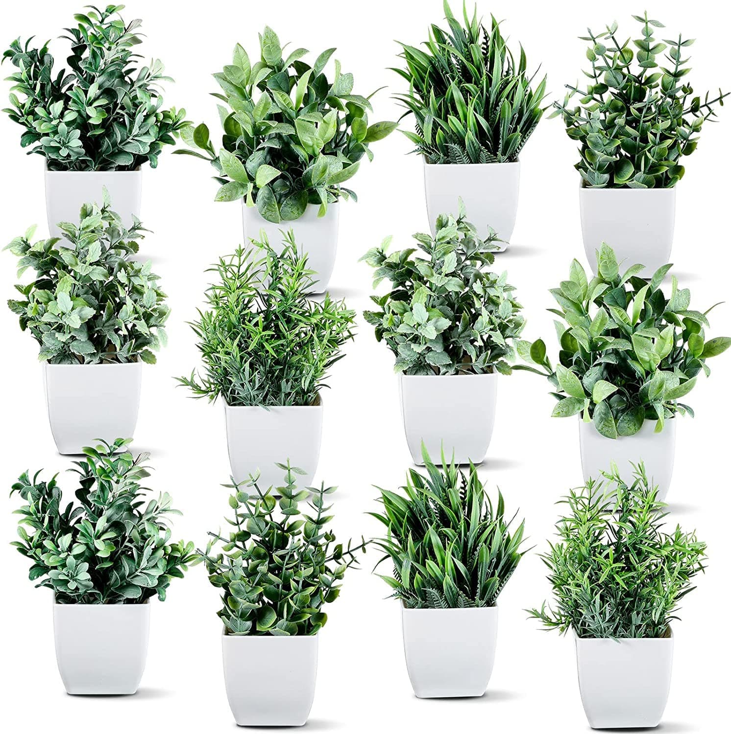 Artificial Potted Plants, Artificial Plastic Eucalyptus Plants Small Indoor Potted Houseplants, Small Faux Plants for Home Decor Bathroom Office Farmhouse (Set 0F 12)