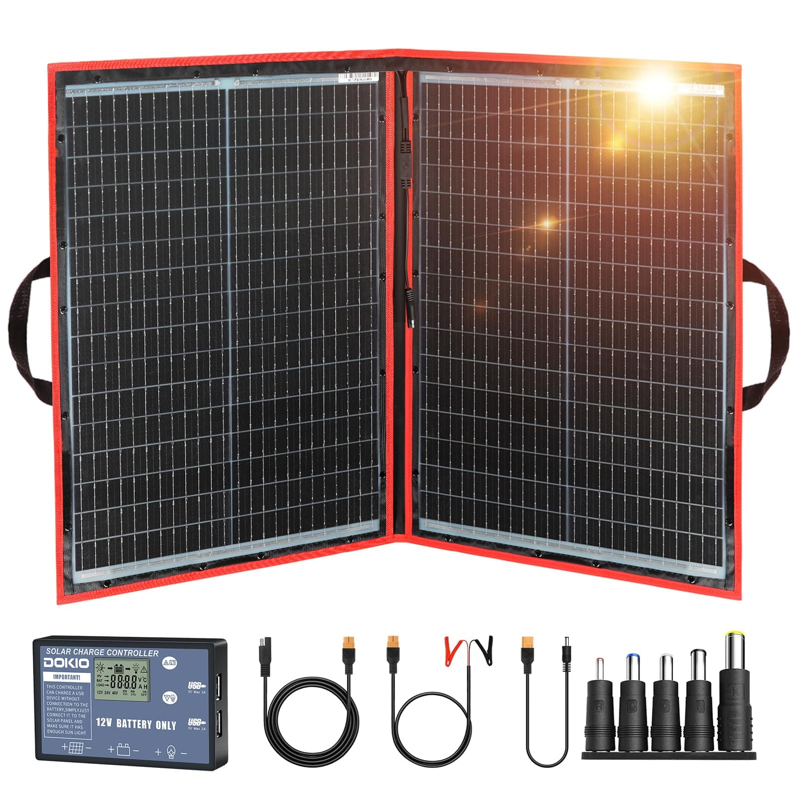 DOKIO 100W Portable Foldable Solar Panel Kit (19x26in, 5.3lb), with Separate Controller and Dual USB, Monocrystalline Charger for 12V Batteries & Power Stations, RV Camping Trailer Emergency Backup