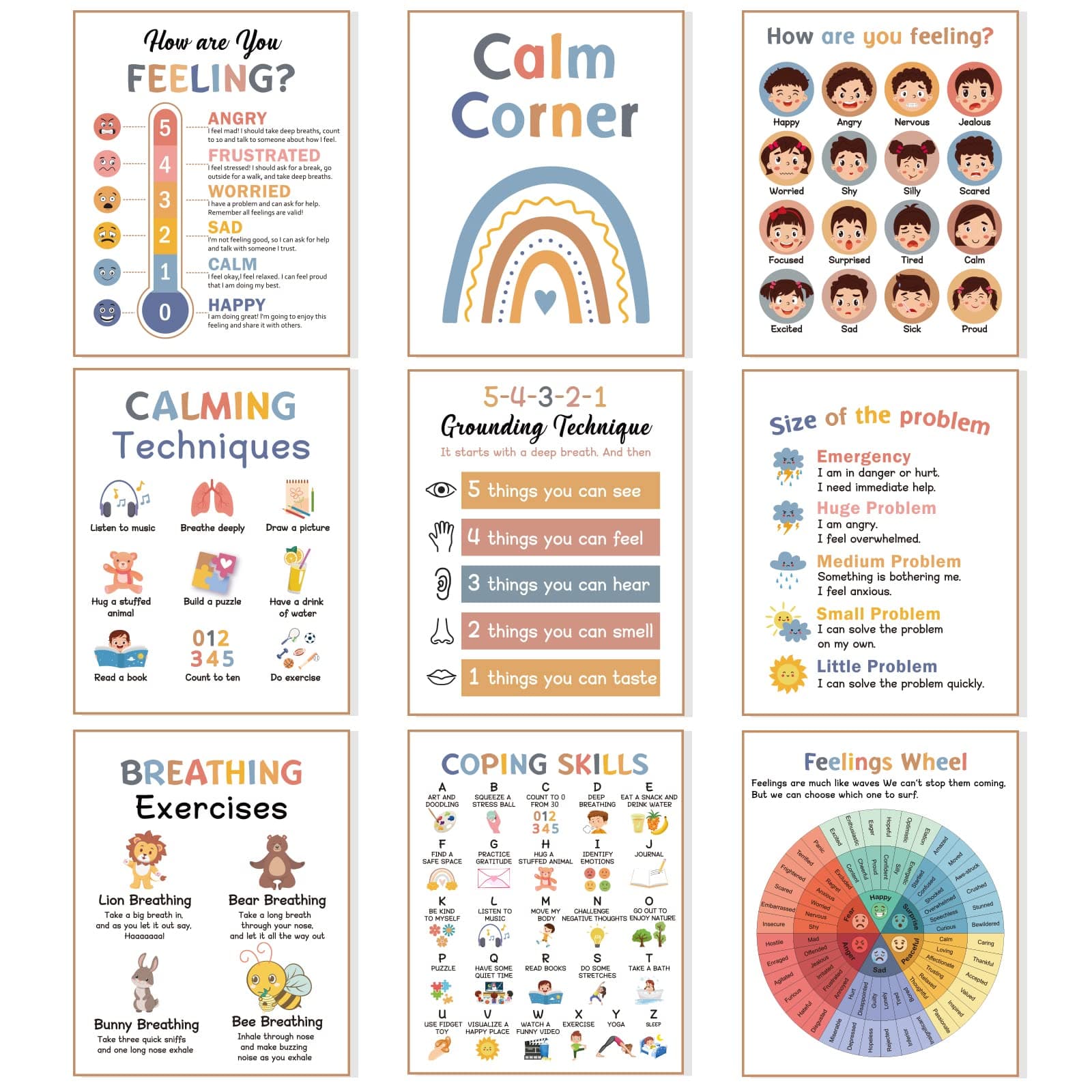 9 Calming Corner Posters Classroom, Calm Down Corner Feelings Chart for Kids, Mental Health Posters, Classroom Educational Poster Emotions Chart Coping Skills, Preschool Classroom Wall Art Decorations