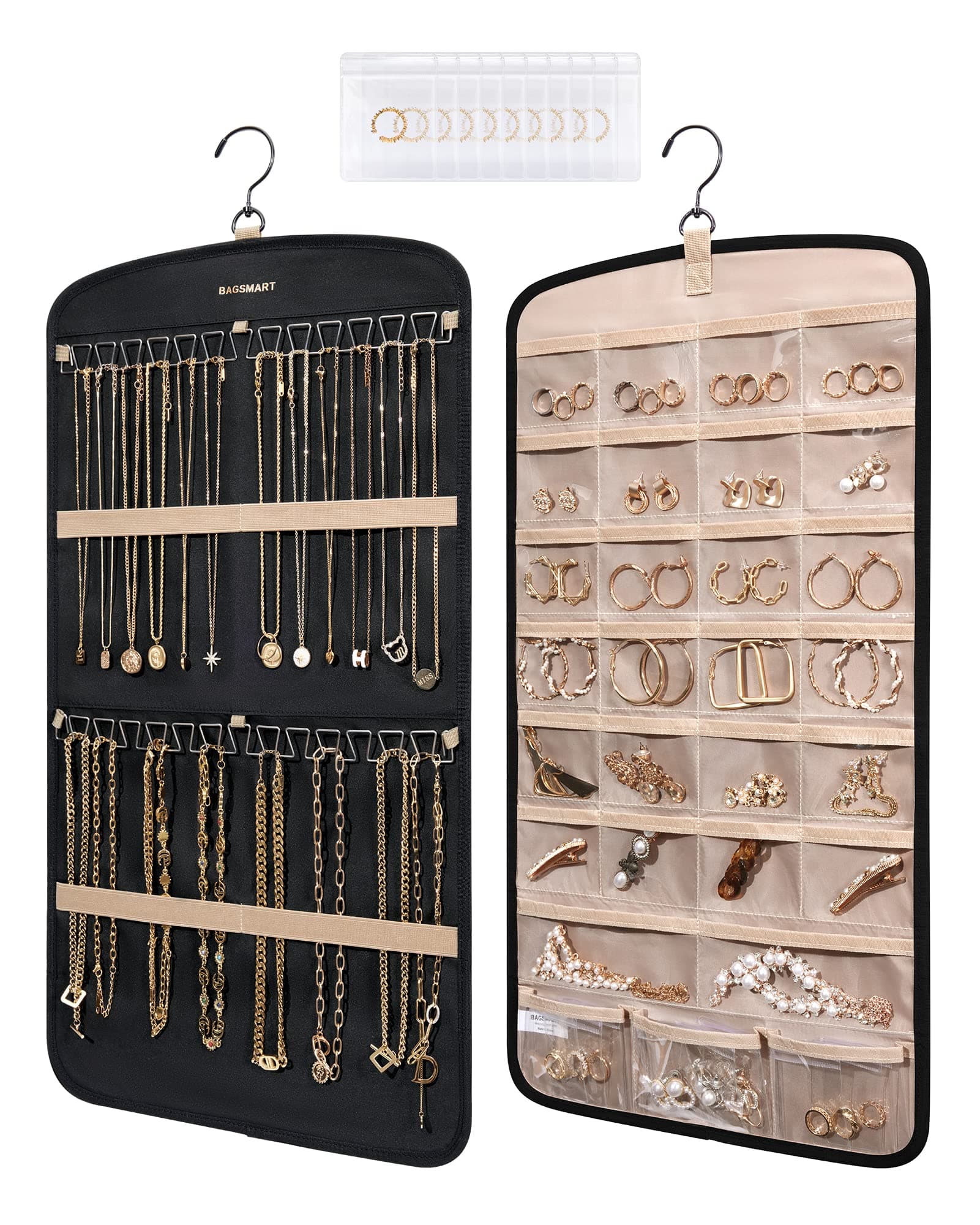 BAGSMART Hanging Jewelry Organizer, Necklace Holder Anti-tangle Earrings Rings Hanger with 10 Jewelry Bags Travel Storage Roll with Pockets Hang on Closet, Wall, Door,1 Piece, Small, Black