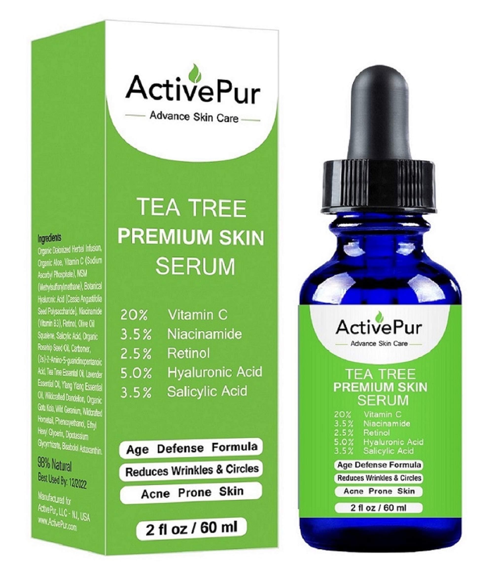 Premium TEA TREE SERUM (Big Size 2 Oz/60 ml) Oil for Acne, 20% Vitamin C & B3 MSM Hyaluronic Acid Retinol Salicylic Acid Niacinamide Acne Scar Treatment Anti Aging Wrinkle Dark Spots Blemishes Pimple