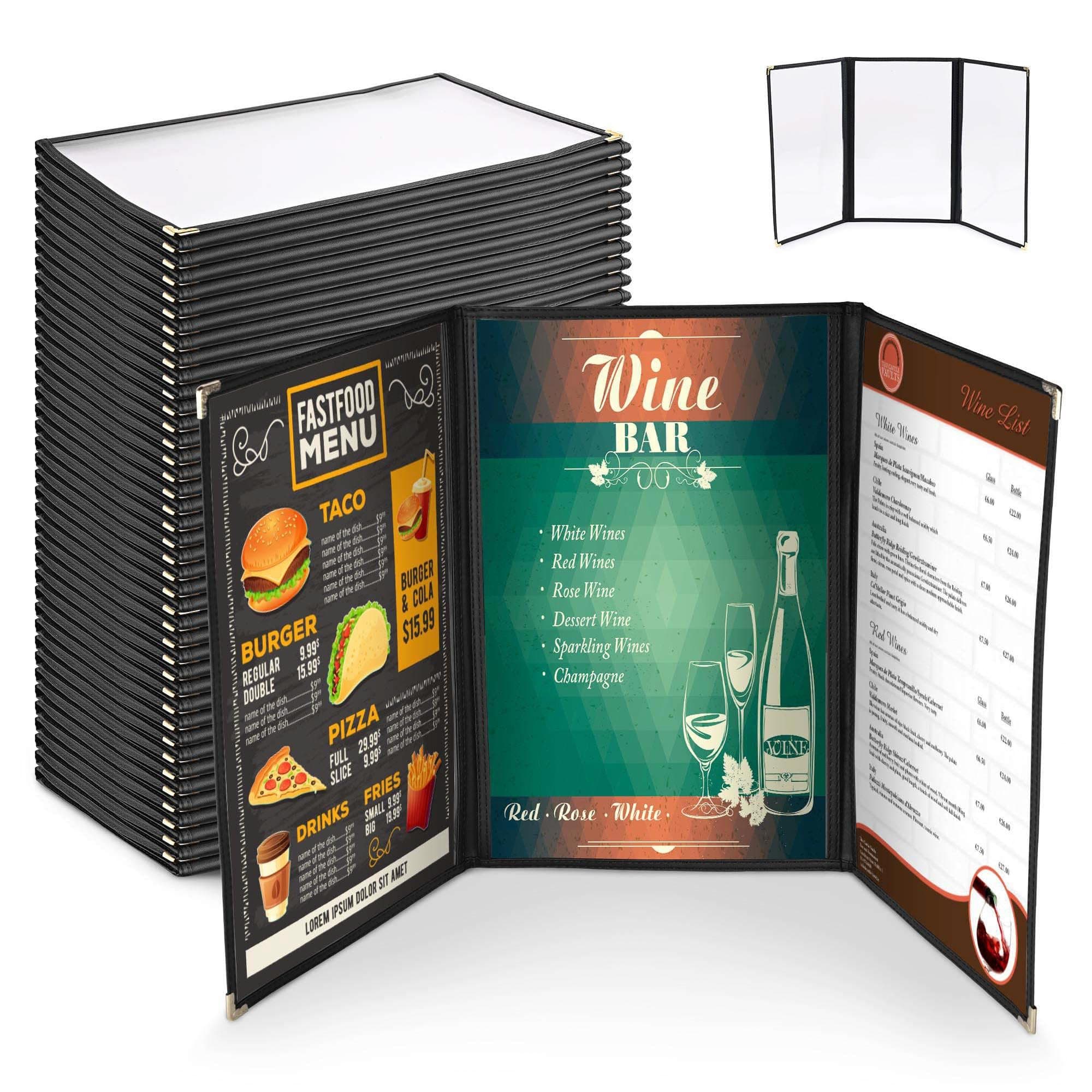 WeChef 30 Pack Restaurant Menu Covers 8.5 x 14 Triple Fold 3 Pages 6 Views Transparent Restaurant Menu Covers Holder Black