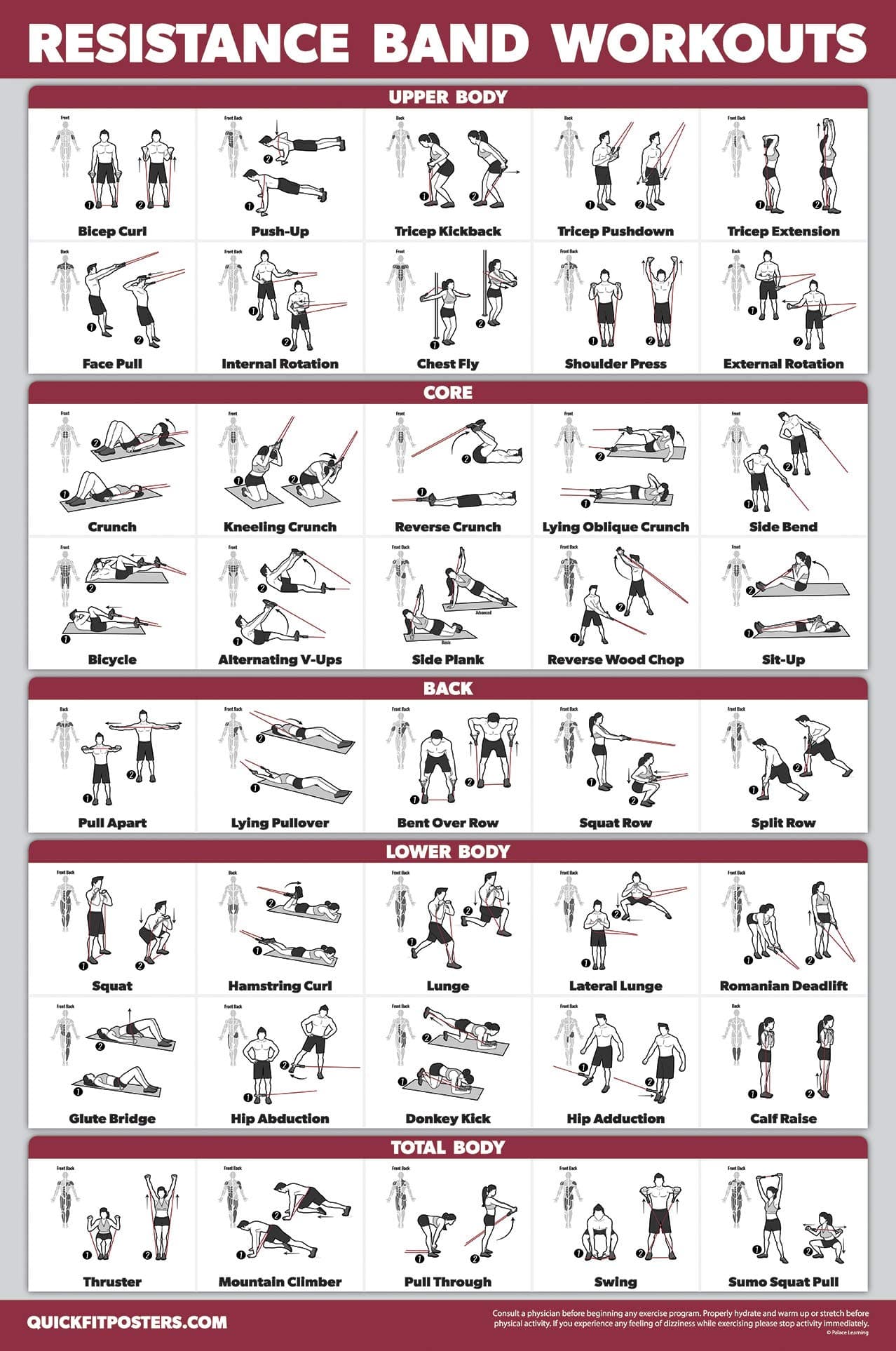 QUICKFIT Resistance Bands Workout Exercise Poster - Double Sided (Laminated, 18" x 24")