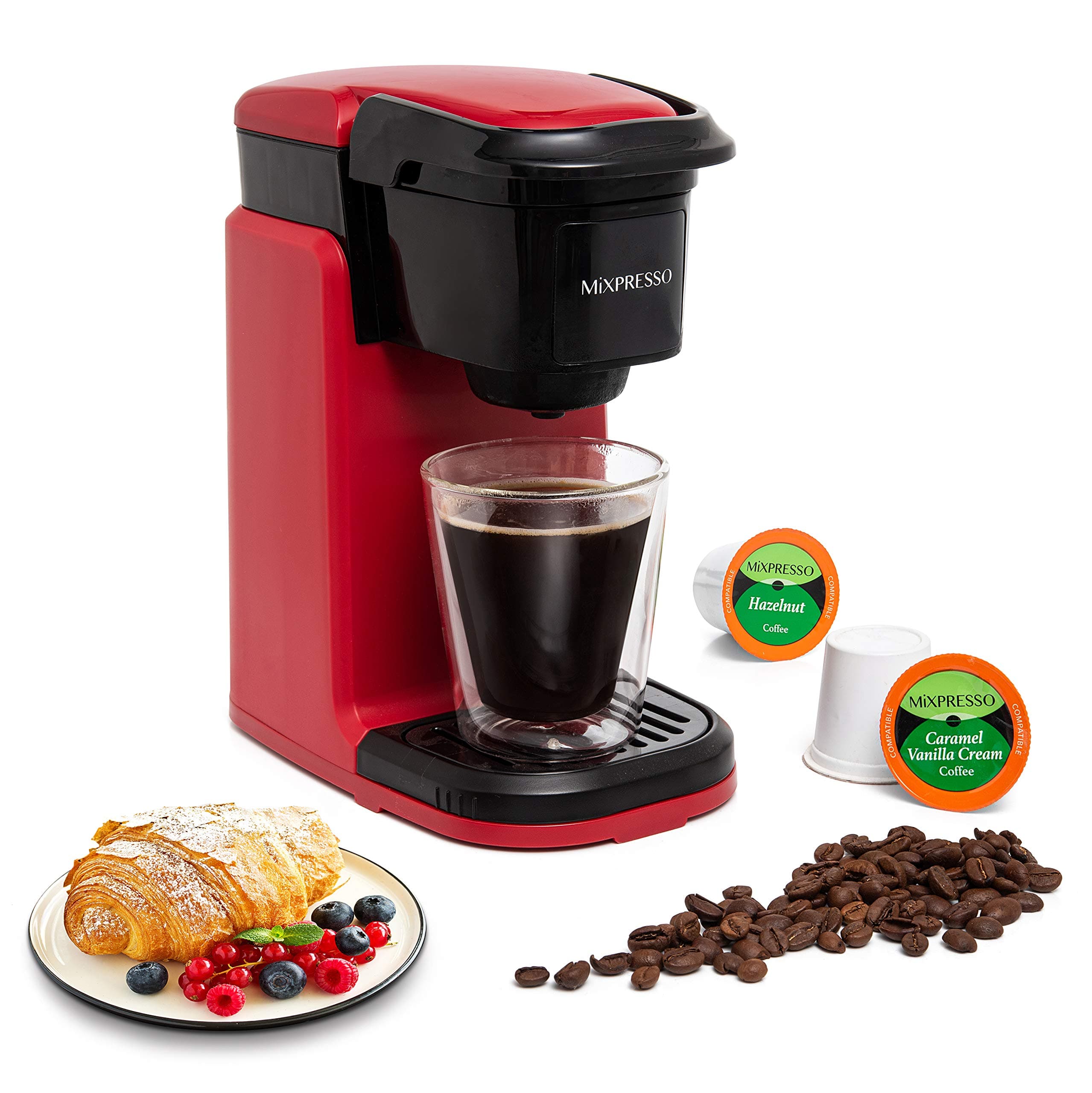 Red Single Serve Coffee Maker for K Capsule, Compact Mini Coffee Maker 800 Watt Coffee Machine for Pods or Ground, Fast Brew, Auto Shut Off, 12 Oz Brew Size for Travel, Office, RV and Dorm
