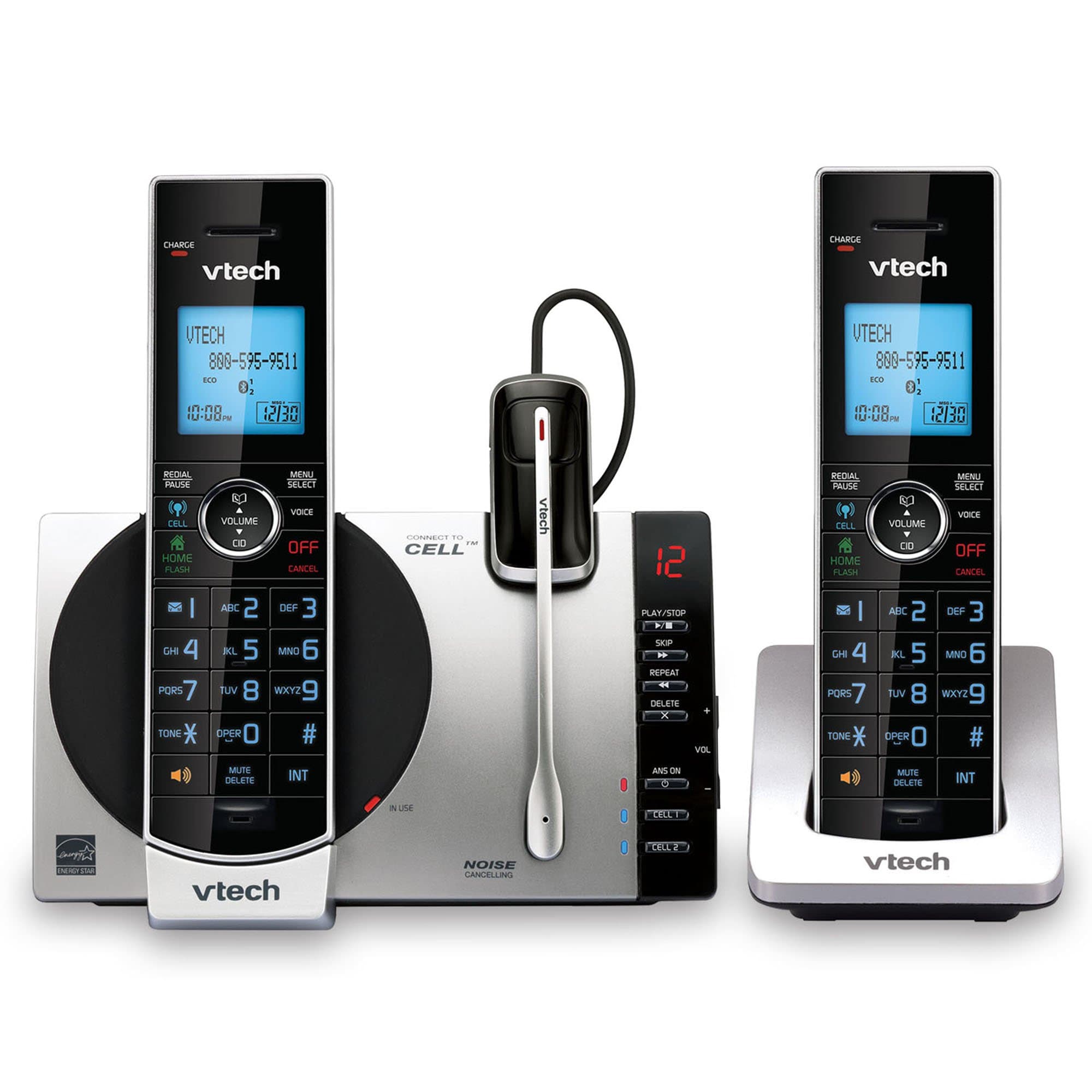 VTech DS6771-3 DECT 6.0 Expandable Cordless Phone with Connect to Cell, Siri and Google Now Access, Silver/Black, 2 Handsets and 1 Cordless Headset
