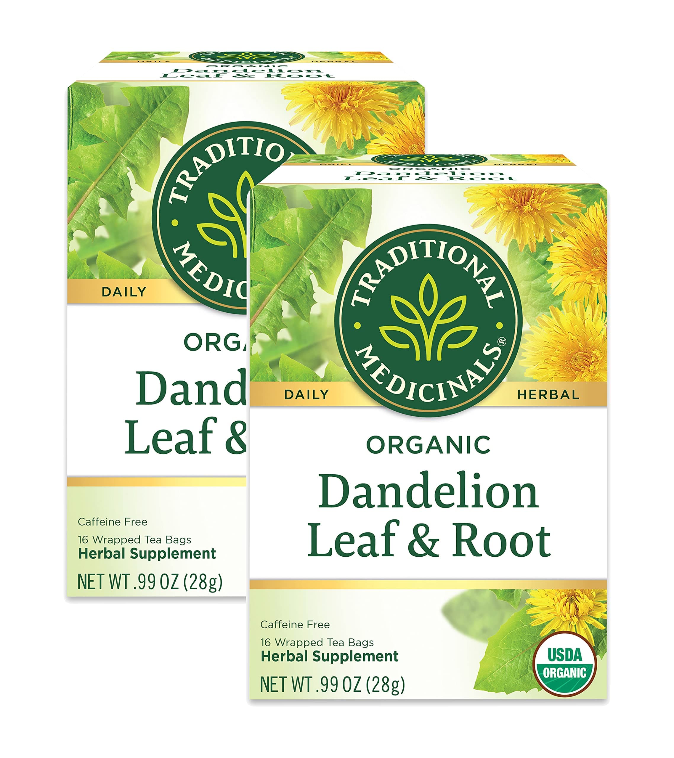 Organic Dandelion Leaf & Root Herbal Tea, Supports Kidney Function & Healthy Digestion, (Pack of 2) - 32 Tea Bags Total