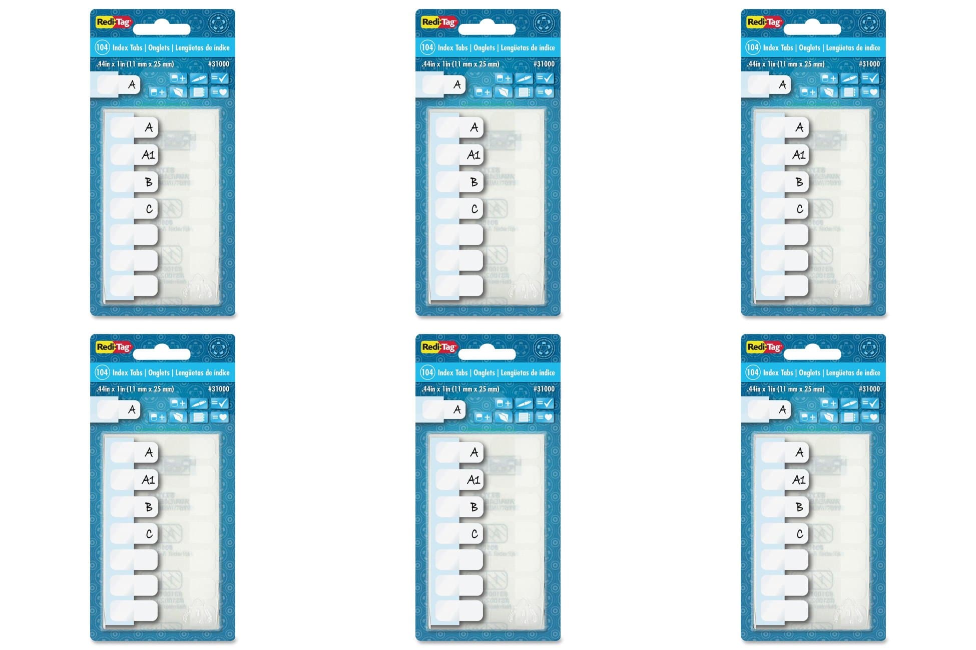 Redi-Tag Side-Mount Self-Stick Plastic Index Tabs, 1in, White, 104/Pack, 6 Packs