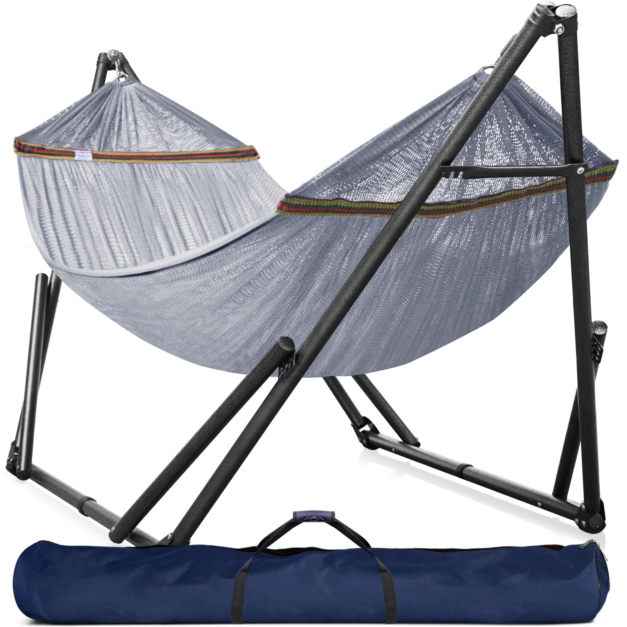 Universal Double Hammock with Stand Included for 2 Persons/Foldable Hammock Stand 600 lbs Capacity Portable Case - Inhouse, Outdoor, Camping, Grey