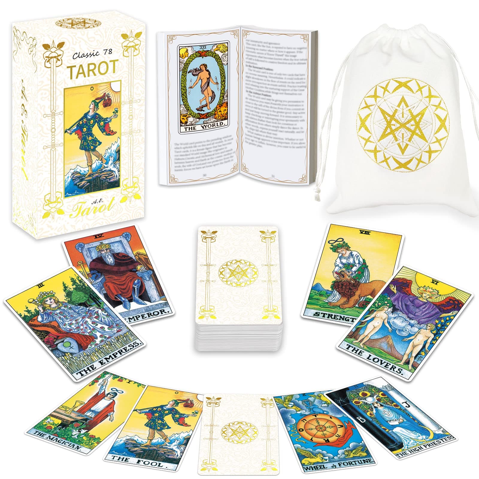 IXIGER Tarot Cards Deck with Guide Book, for Beginners and Expert Readers, Bronzing Tarot Cards Standard Size 4.75" x 2.76",78 Classic with White Velvet Pouch Bag