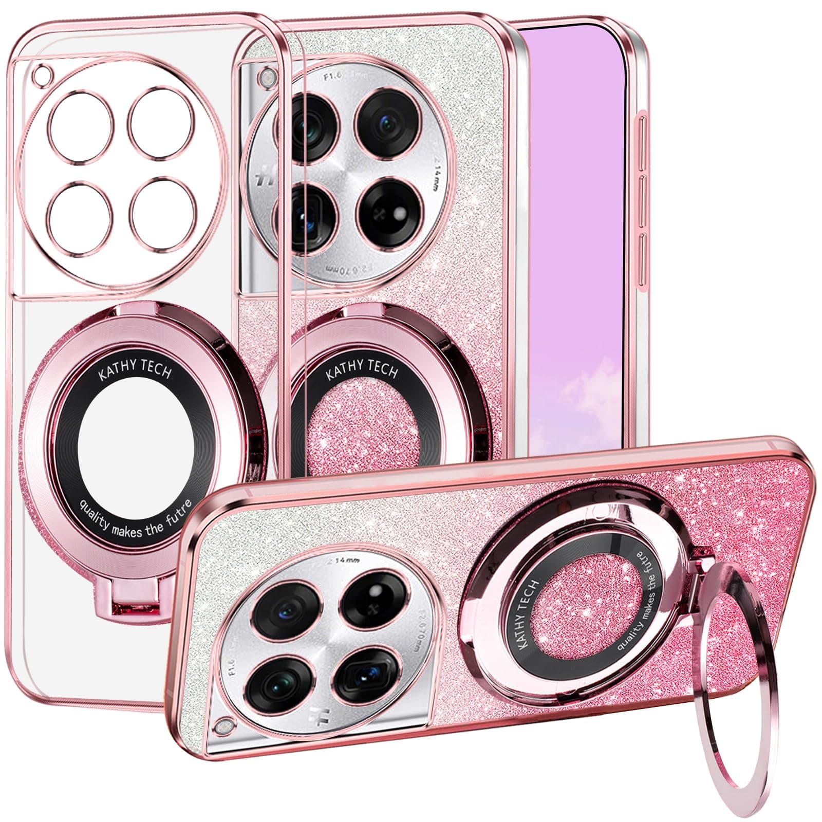 for Oneplus 12 Case Clear Glitter [Compatible with MagSafe] with Stand Ring Magnetic Cover Oneplus 12 Phone Case Silicone Shockproof Slim Cute Sparkle for Women Girls (Pink)
