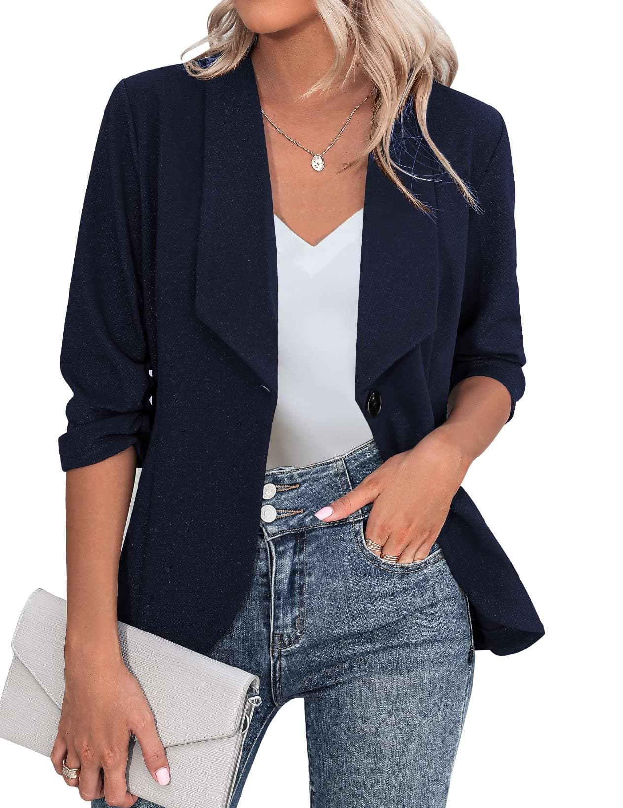 Beyove Women's 3/4 Sleeve Blazer Open Front Blazer Jacket Work Office Plus Size Blazer Navy Blue XXL