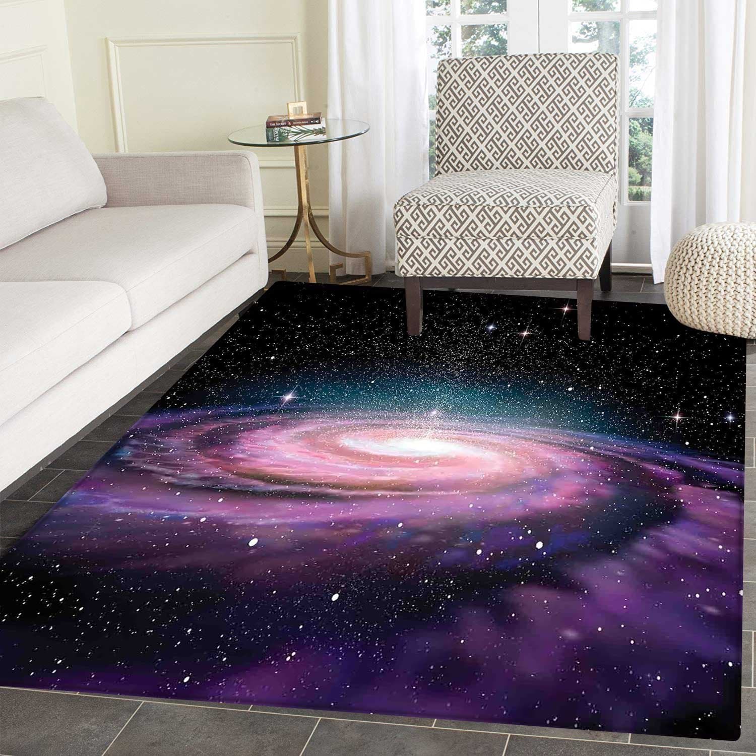 Galaxy Floor Mat Pattern Spiral Galaxy in Outer Space Andromeda Nebula Star Dust Universe Astronomy Print Living Dinning Room & Bedroom Mats 5'x6' Mauve Black