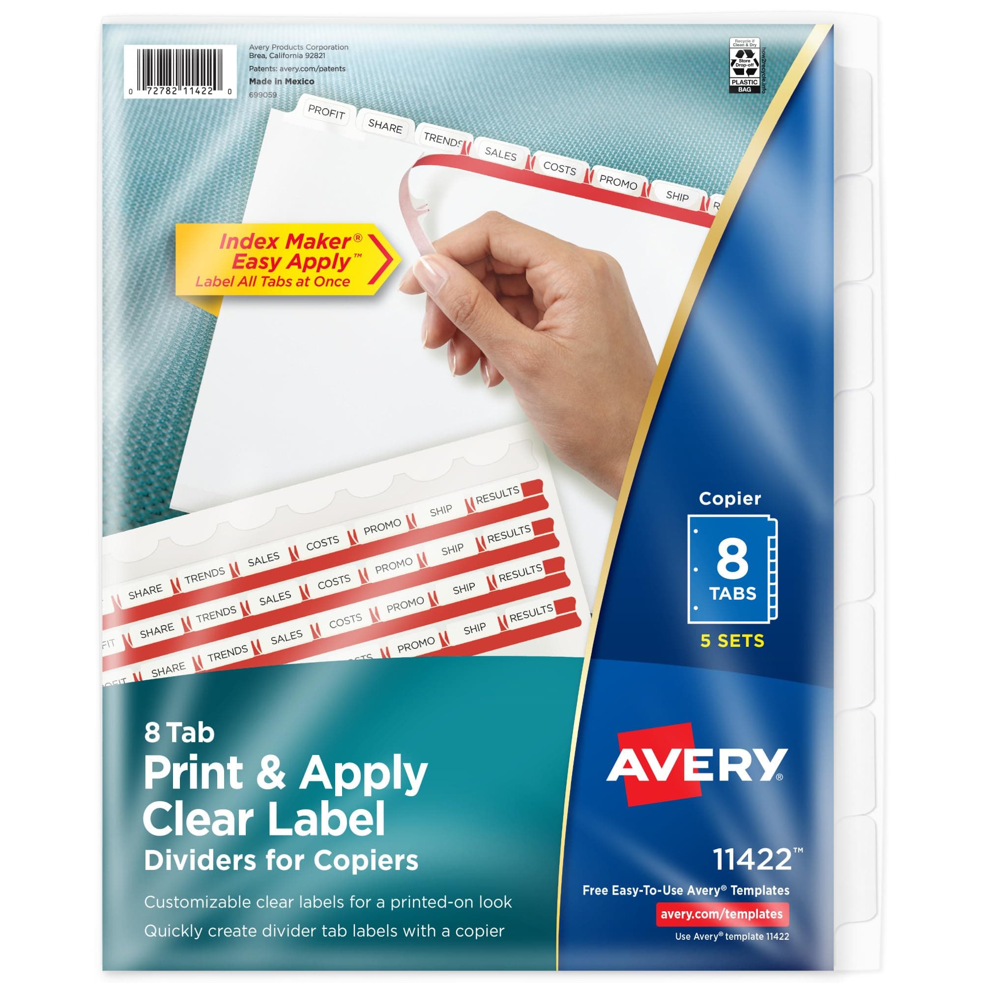 Avery 8 Tab Dividers for 3 Ring Binder, Easy Print & Apply Clear Label Strip for Copiers, Index Maker Customizable White Tabs, 5 Sets (11422)