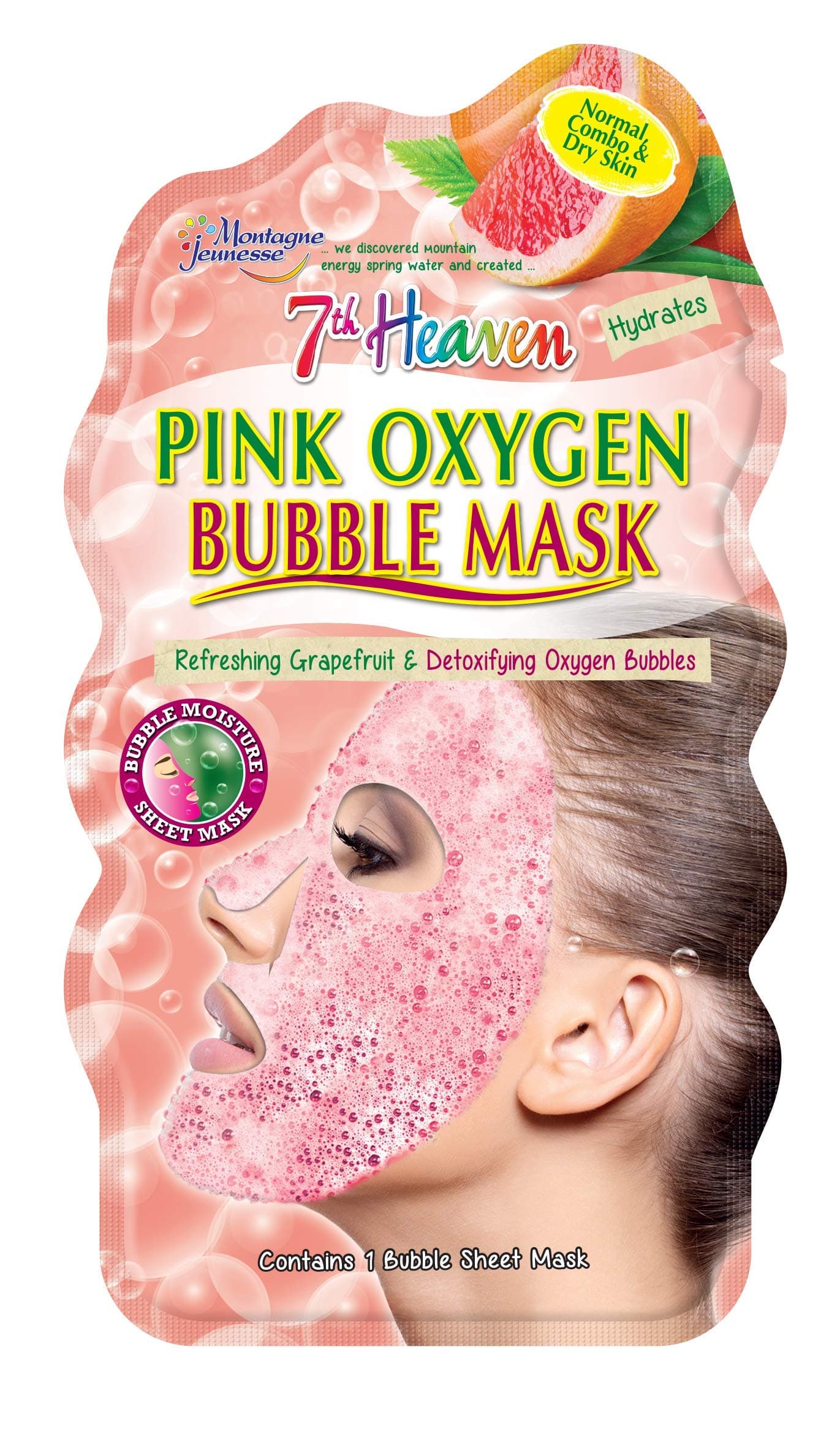 Pink Oxygen Bubble Sheet Mask with Refreshing Grapefruit and Detoxifying Oxygen Bubbles for Quick Cleansing Hydration - Ideal for Normal, Combination and Dry Skin