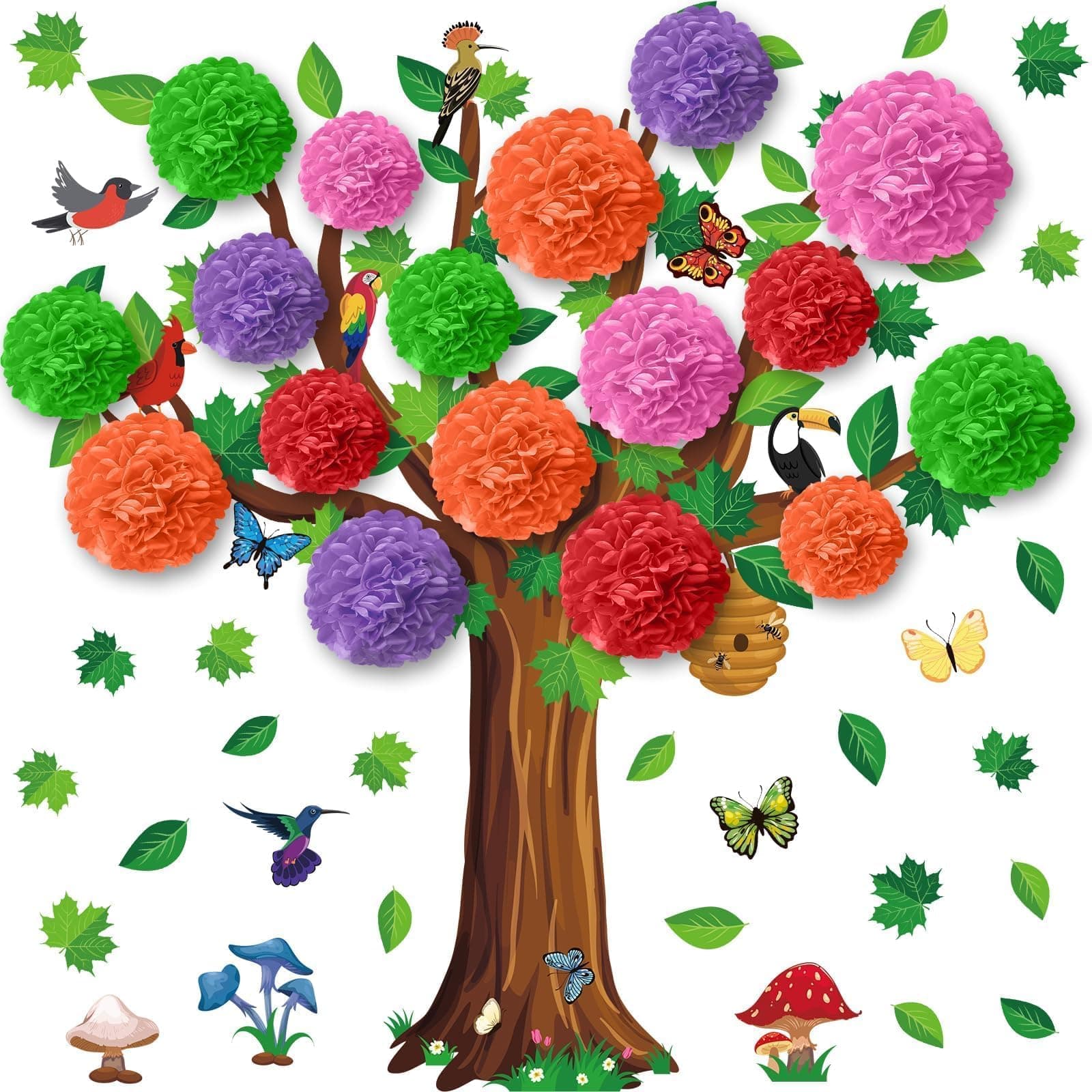 Spring Tree Bulletin Board Set Spring Classroom Cut-Outs with Paper Pom Poms 3D Tree Classroom Decoration Spring Bulletin Boards for Primary School Chalkboard Home Wall Decor Party Supplies