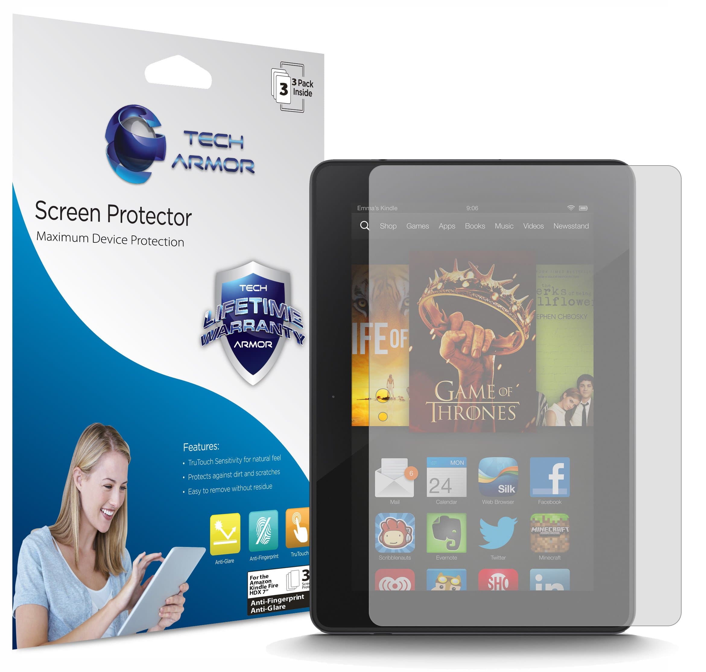 Tech Armor Kindle Fire HDX Screen Protector, Anti-Glare/Anti-Fingerprint Amazon Kindle Fire HDX 7" (2013) Film Screen Protector [3-Pack]