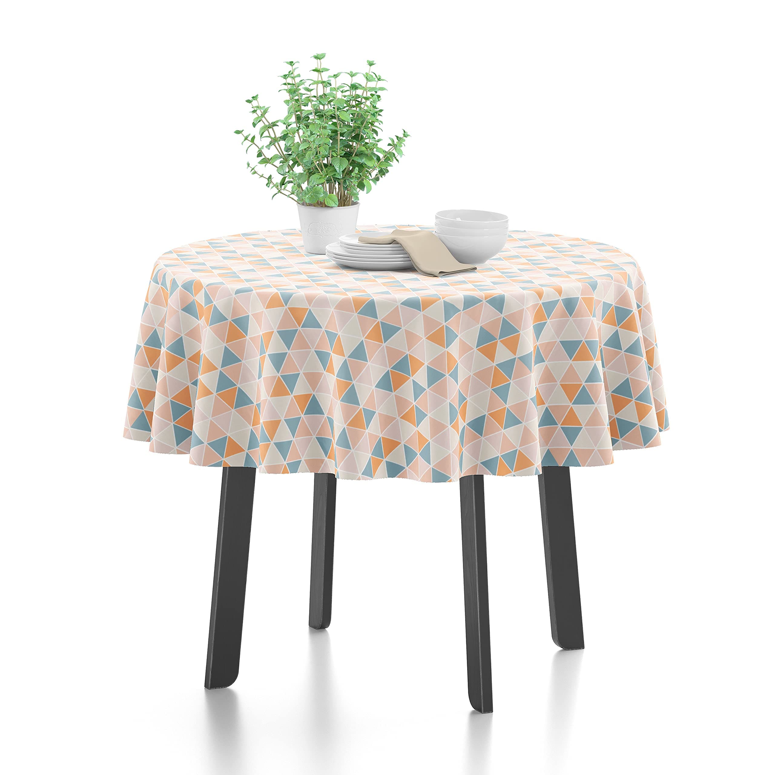 Printed Cotton Table Cloth (4.7 ft Long) for 4 Seater Large Dining Table - Triangles - Heavy Twill Fabric Mercerised, Washable, Round for Home, Hotel, Restaurant & Banquet
