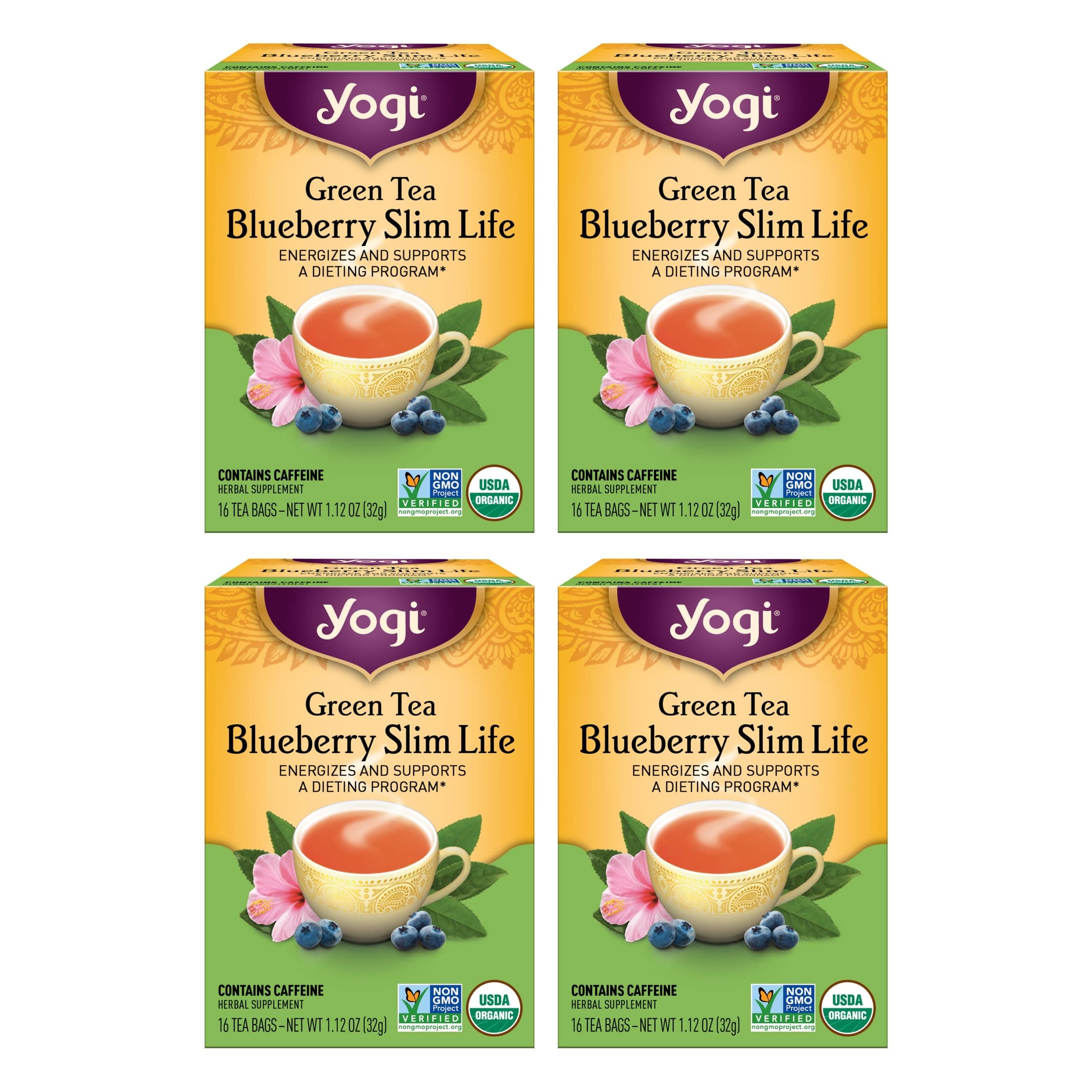 Yogi Tea - Green Tea Blueberry Slim Life (4 Pack) - Energizes and Supports a Dieting Program with Garcinia Cambogia - Contains Caffeine - 64 Organic Tea Bags