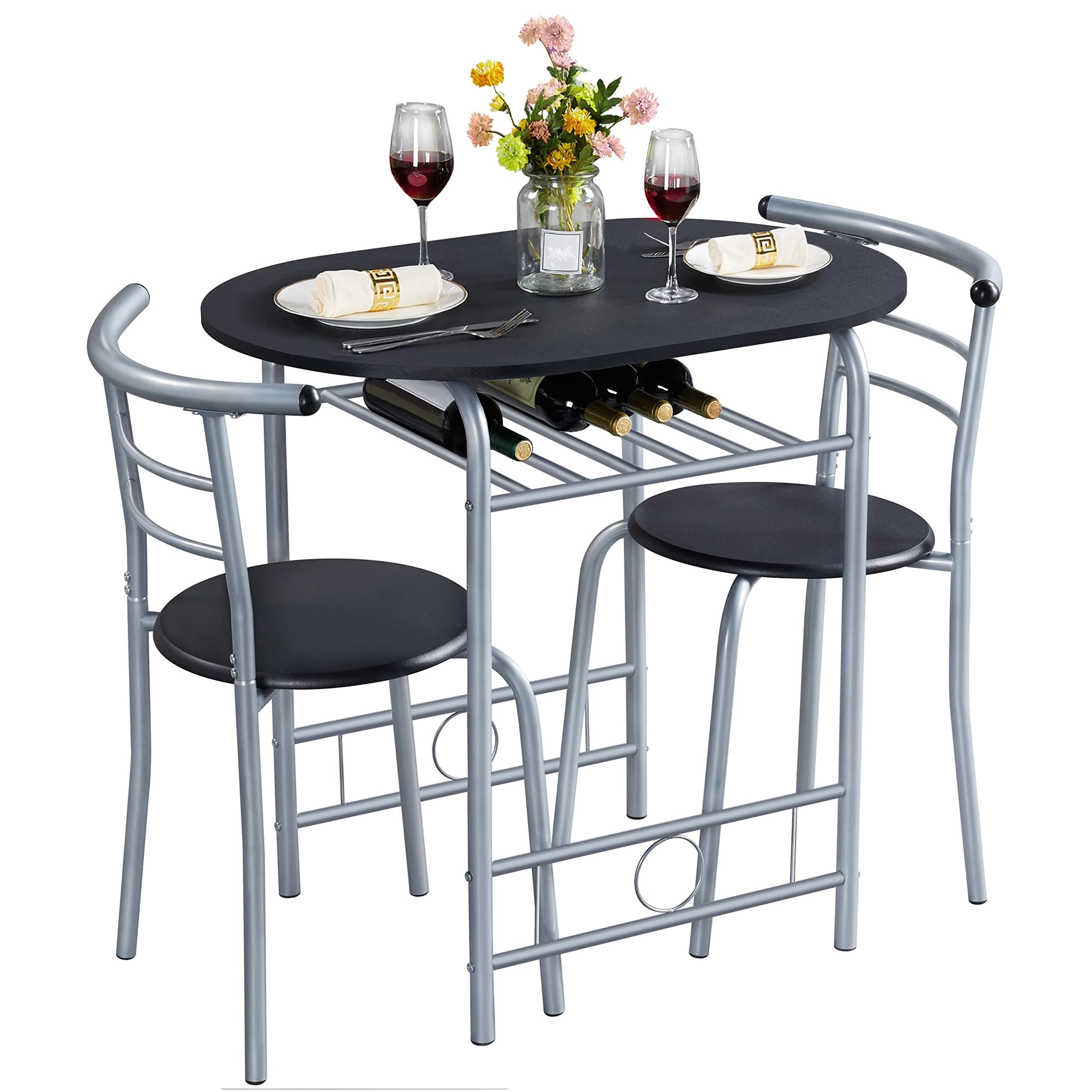 Yaheetech 3-Piece Dining Room Table Set, Kitchen Table & Chair Sets for 2, Compact Table Set w/Steel Legs, Built-in Wine Rack for Breakfast Nook, Small Space, Apartment, Black, 31.5x21x29" (LxWxH)