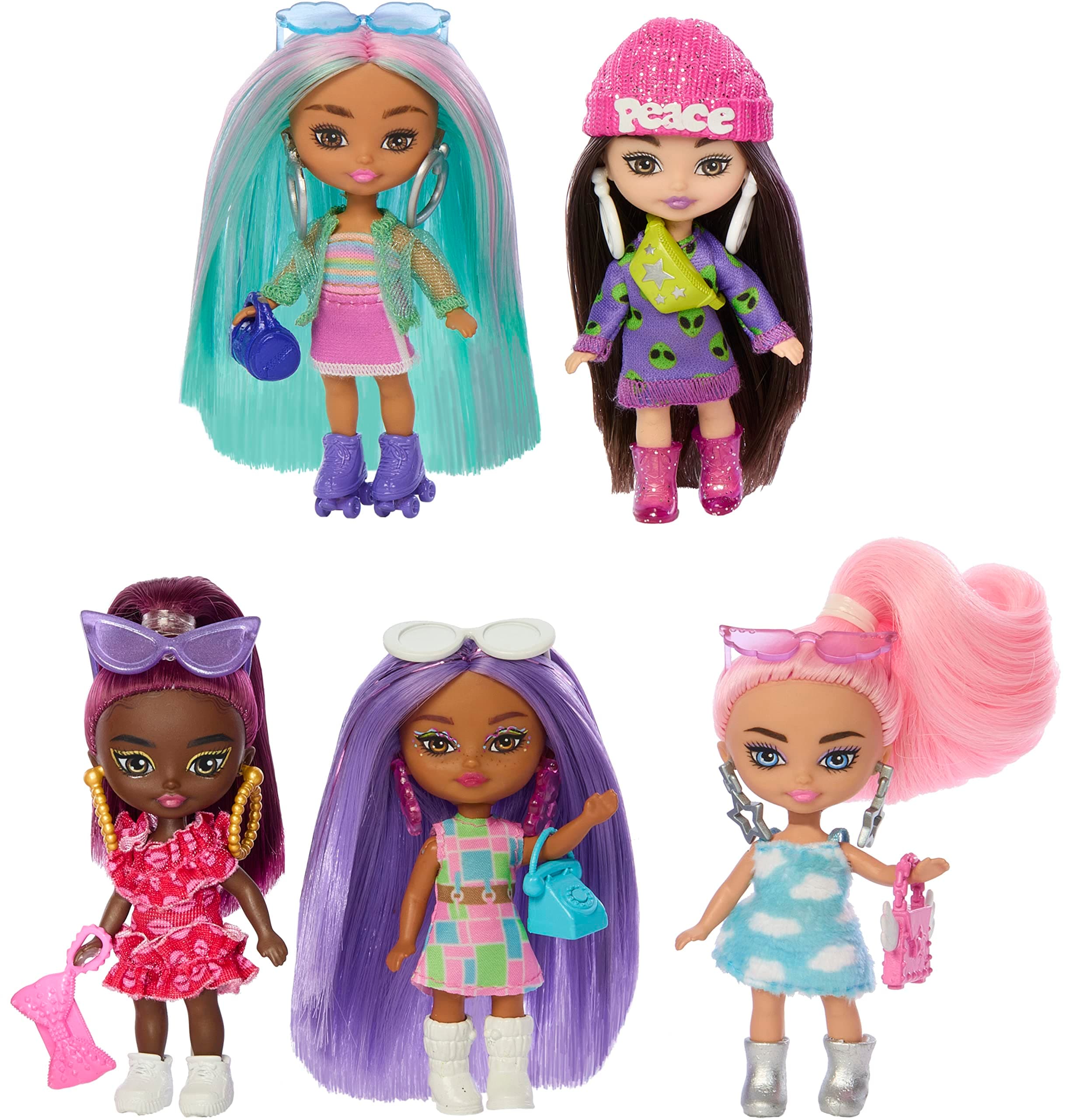 Barbie Five Dolls, Extra Mini Minis Bundle, Small Dolls with Colorful Fashions and Accessories